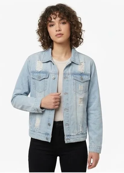 Light-Wash Frayed Panel Denim Jacket