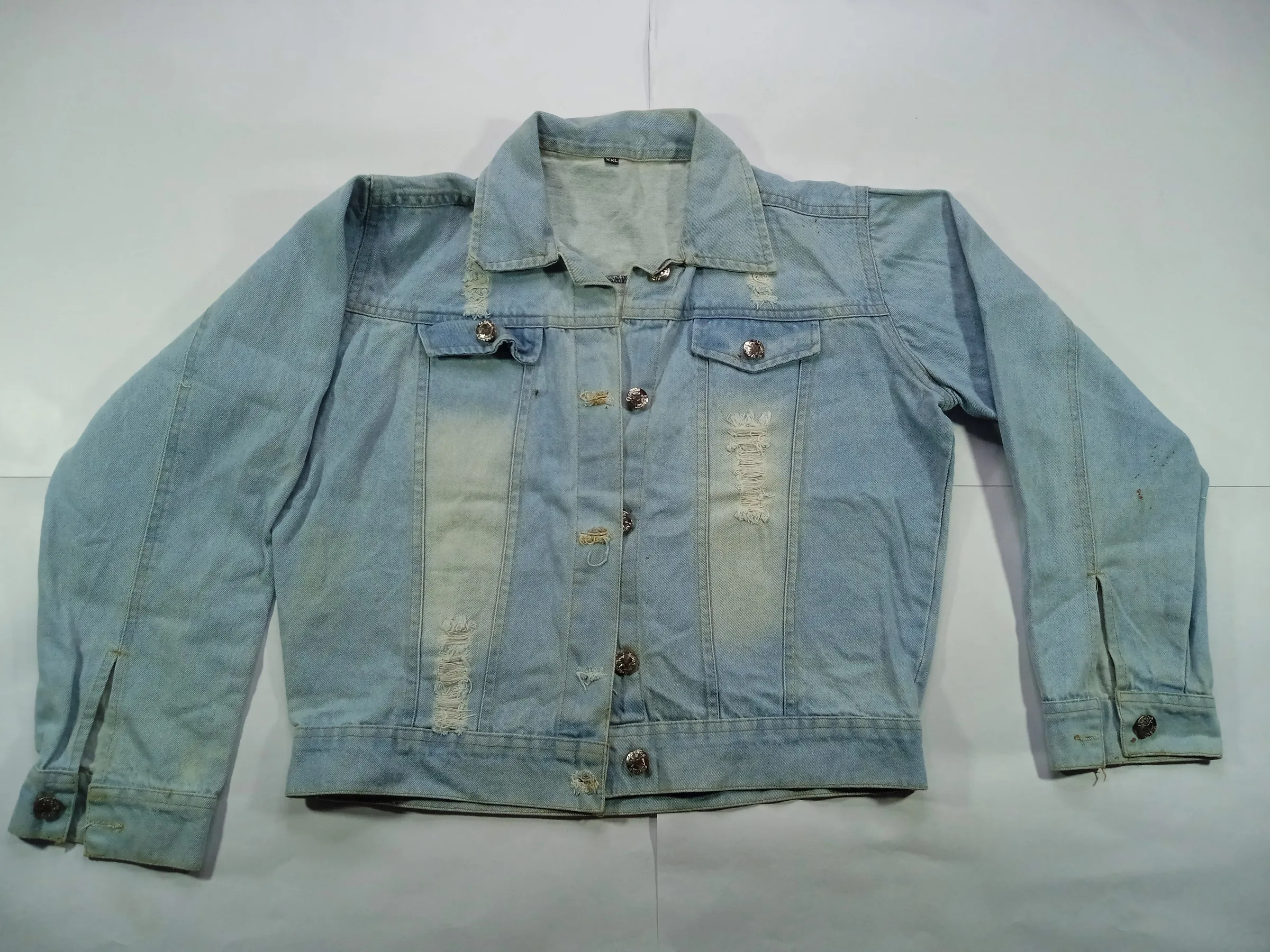 Light-Wash Frayed Panel Denim Jacket