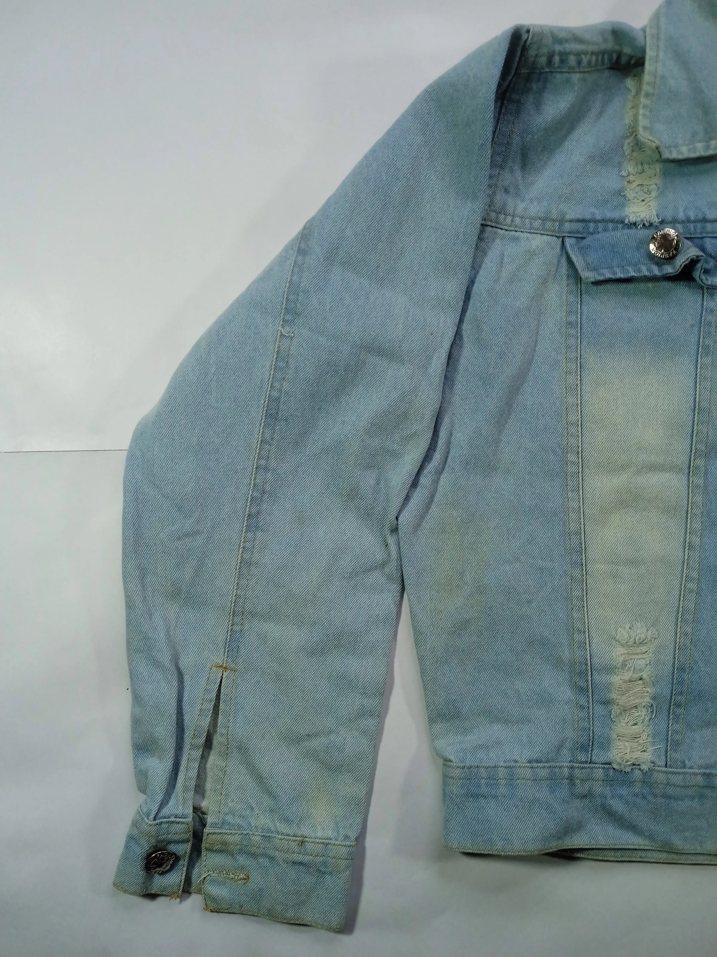 Light-Wash Frayed Panel Denim Jacket