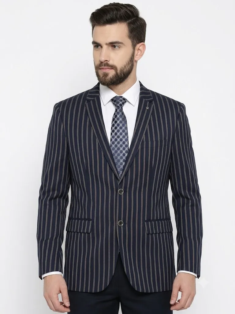 Louis Philippe Men’s Navy Blue & Brown Striped Slim Fit Wool Blend Blazer