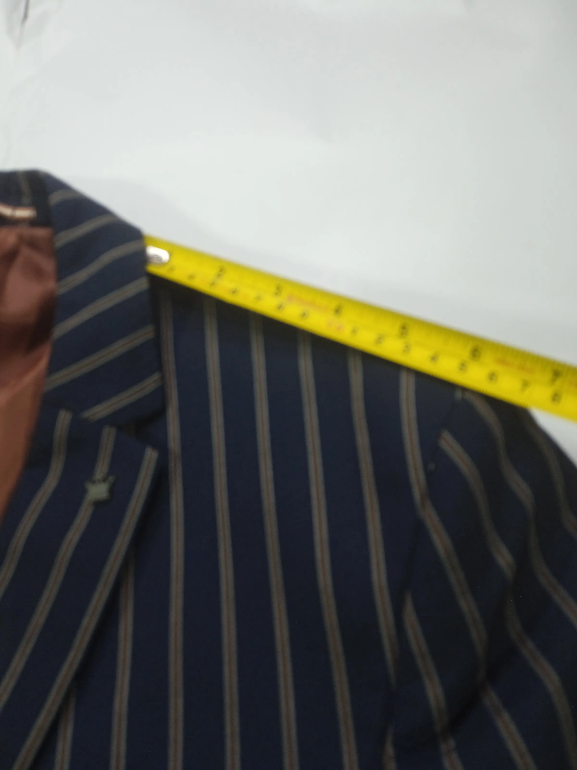 Louis Philippe Men’s Navy Blue & Brown Striped Slim Fit Wool Blend Blazer