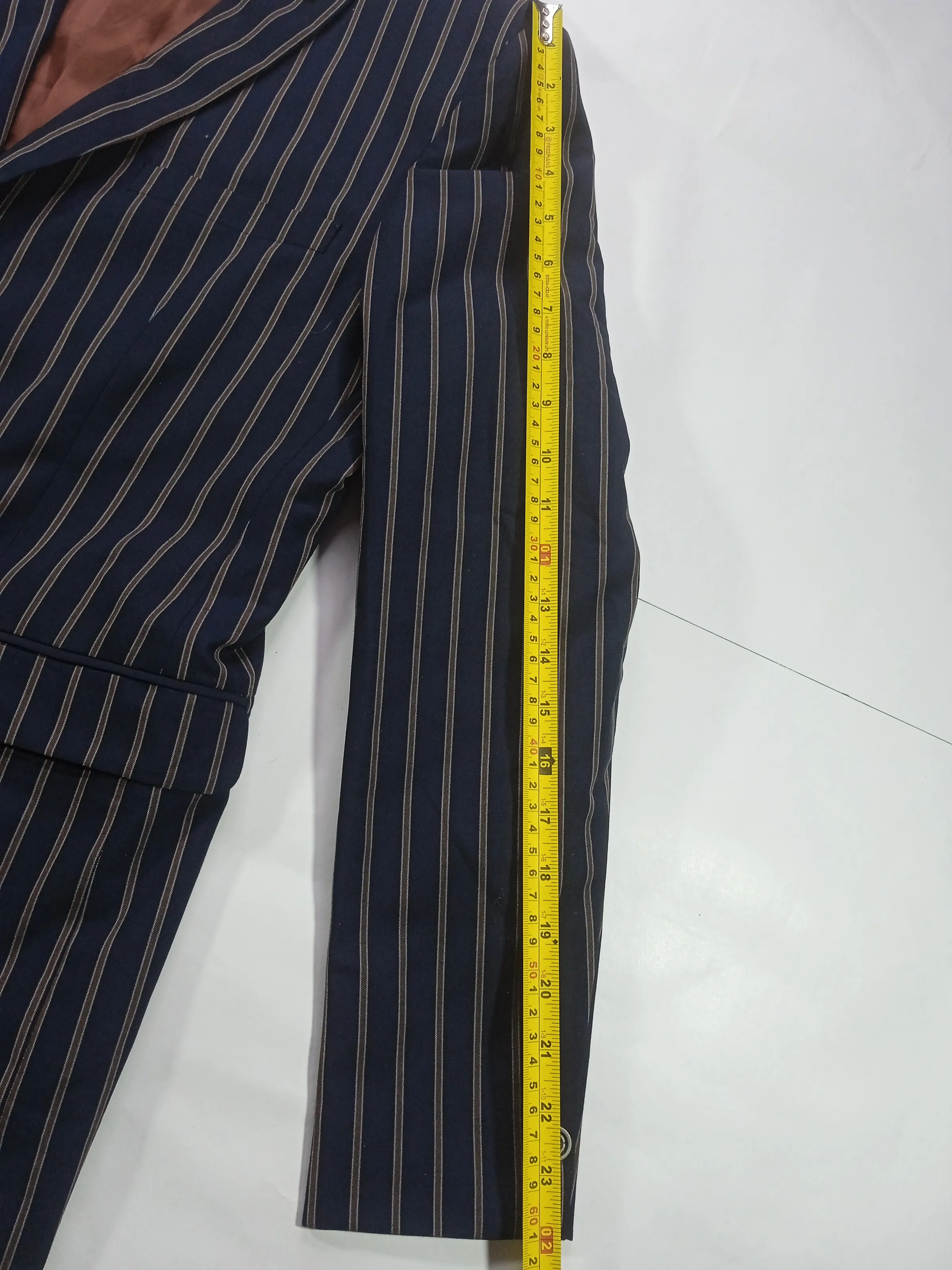 Louis Philippe Men’s Navy Blue & Brown Striped Slim Fit Wool Blend Blazer