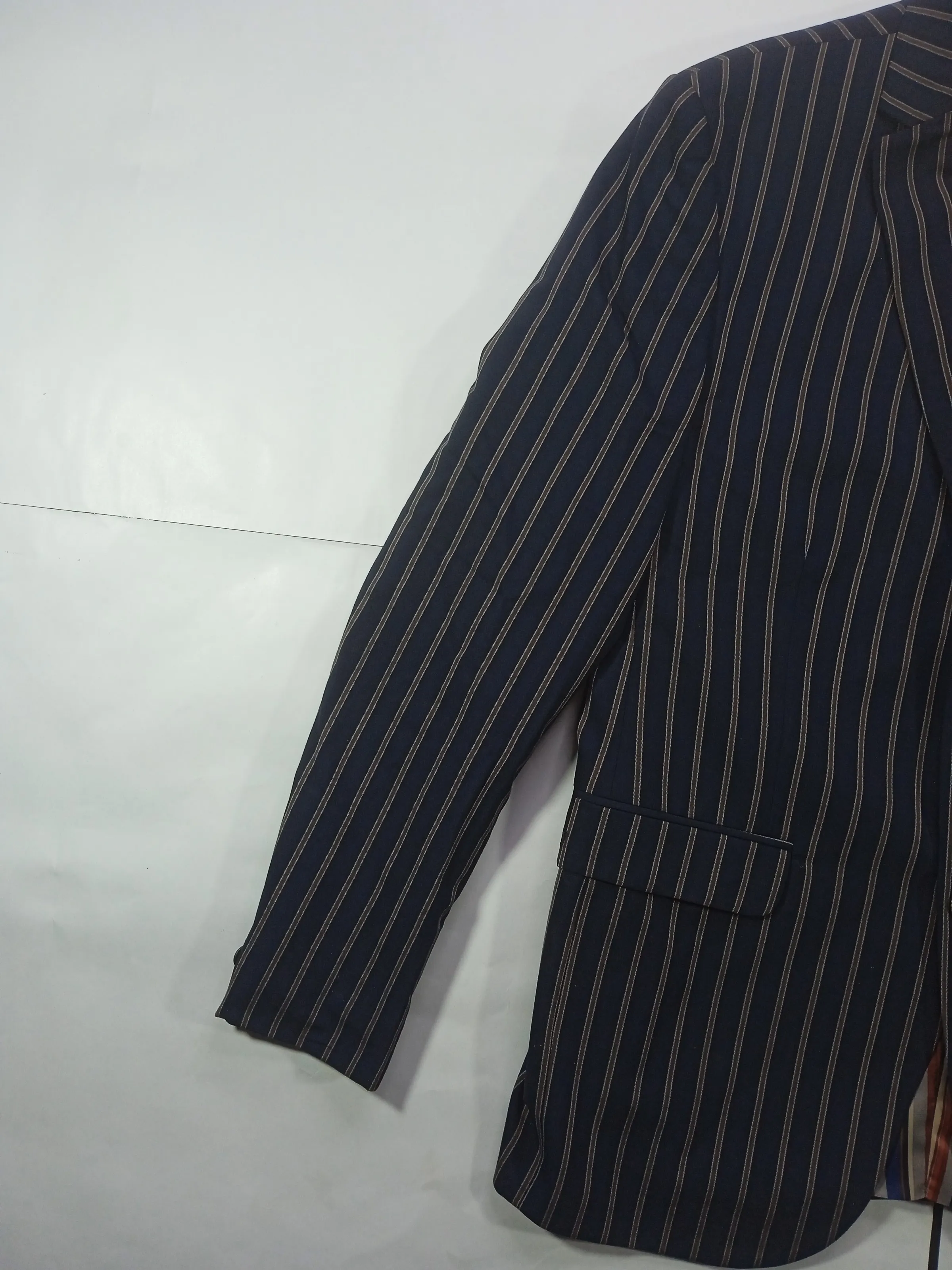 Louis Philippe Men’s Navy Blue & Brown Striped Slim Fit Wool Blend Blazer
