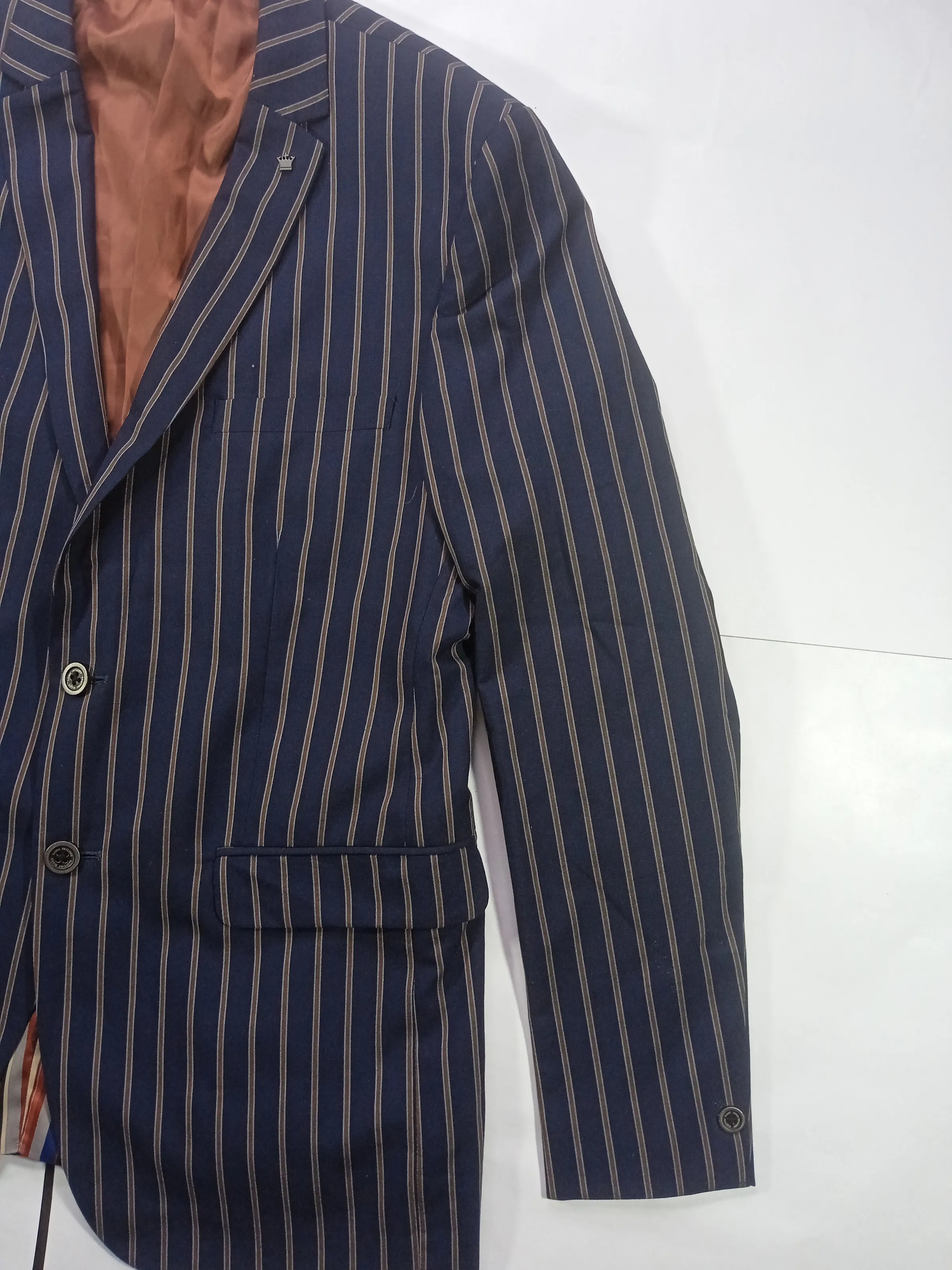 Louis Philippe Men’s Navy Blue & Brown Striped Slim Fit Wool Blend Blazer