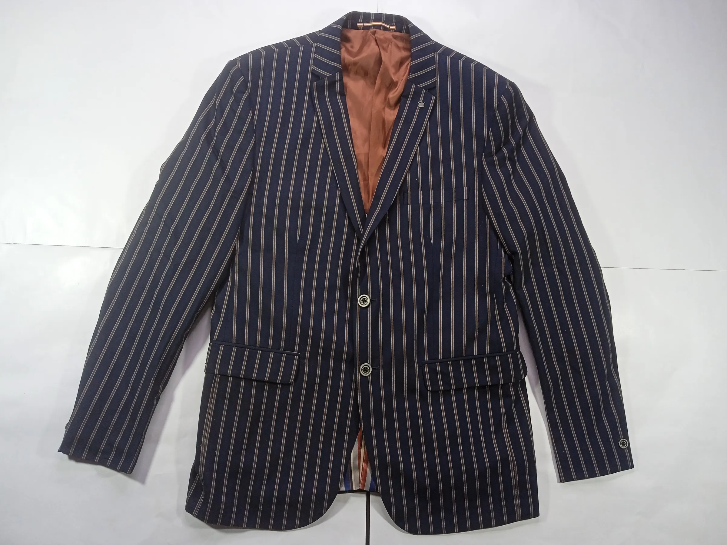 Louis Philippe Men’s Navy Blue & Brown Striped Slim Fit Wool Blend Blazer