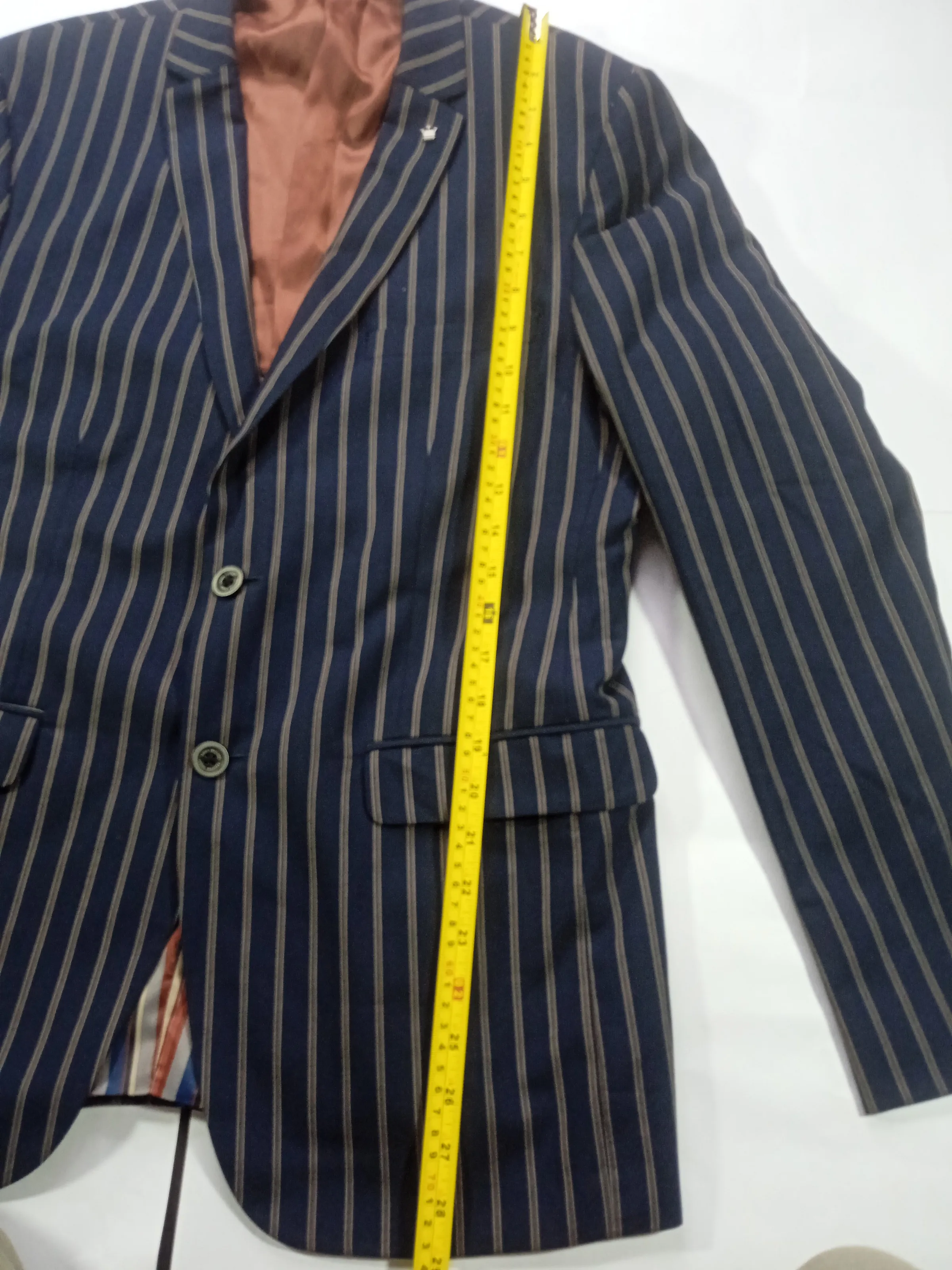 Louis Philippe Men’s Navy Blue & Brown Striped Slim Fit Wool Blend Blazer