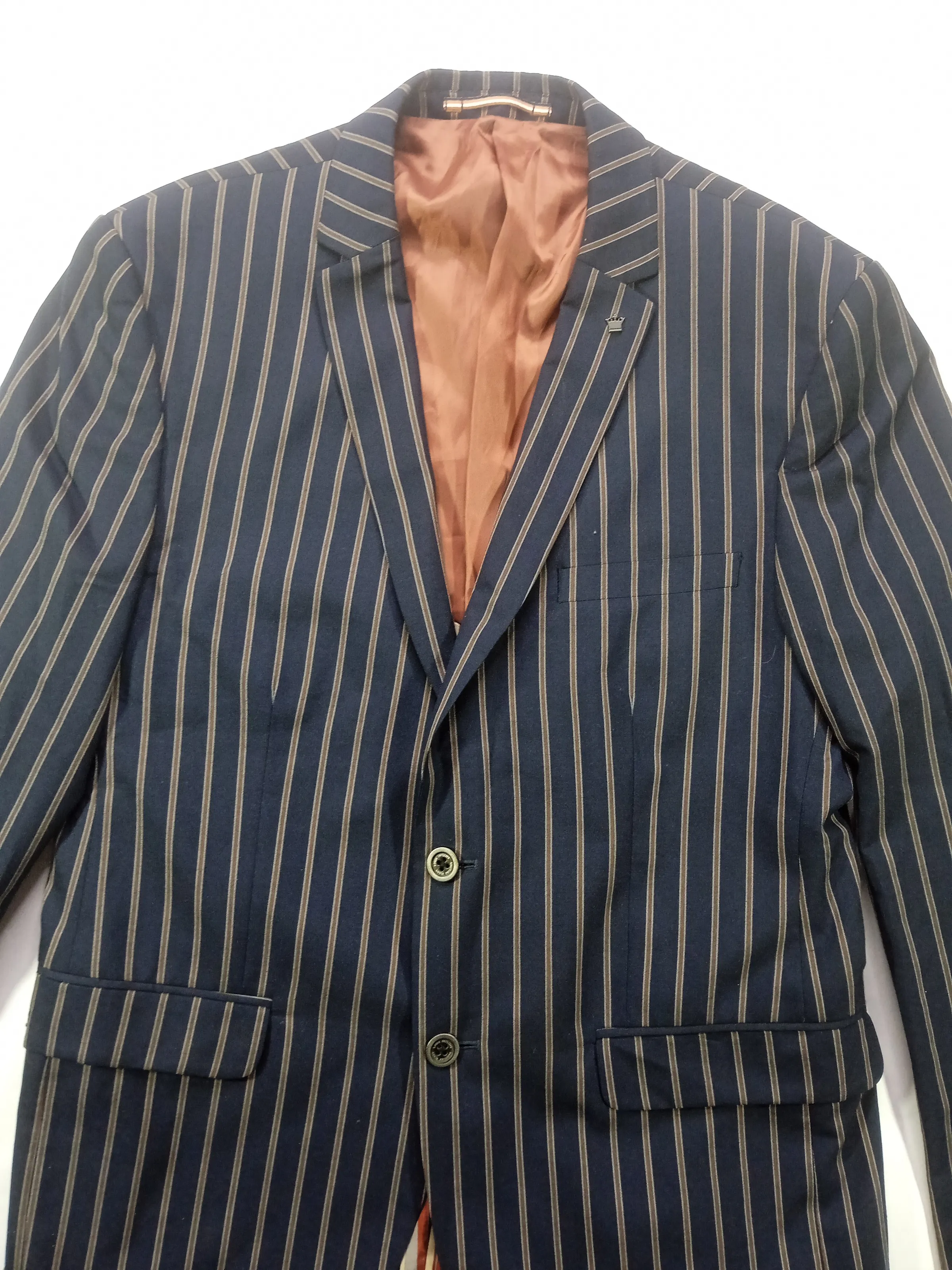 Louis Philippe Men’s Navy Blue & Brown Striped Slim Fit Wool Blend Blazer