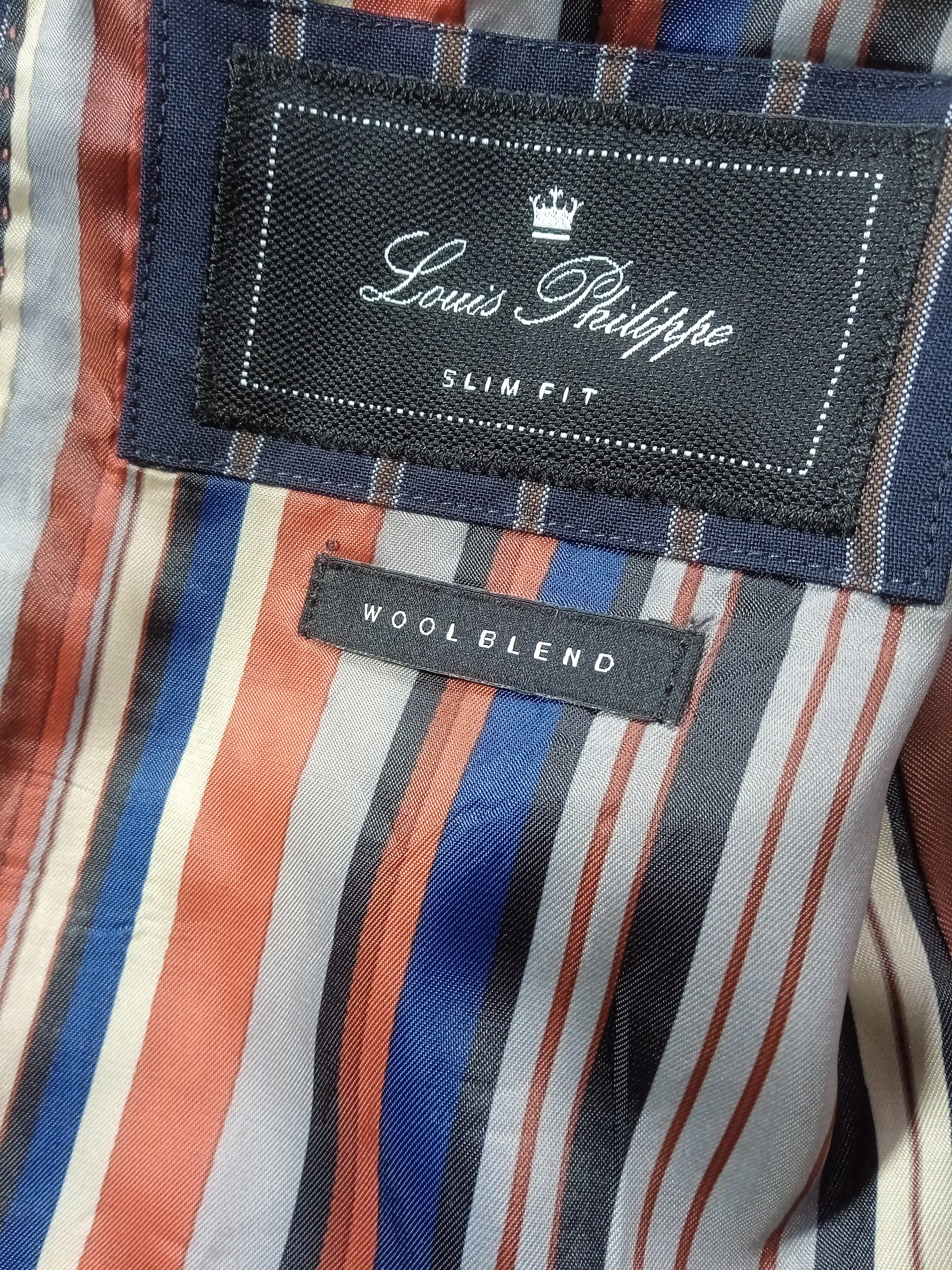 Louis Philippe Men’s Navy Blue & Brown Striped Slim Fit Wool Blend Blazer