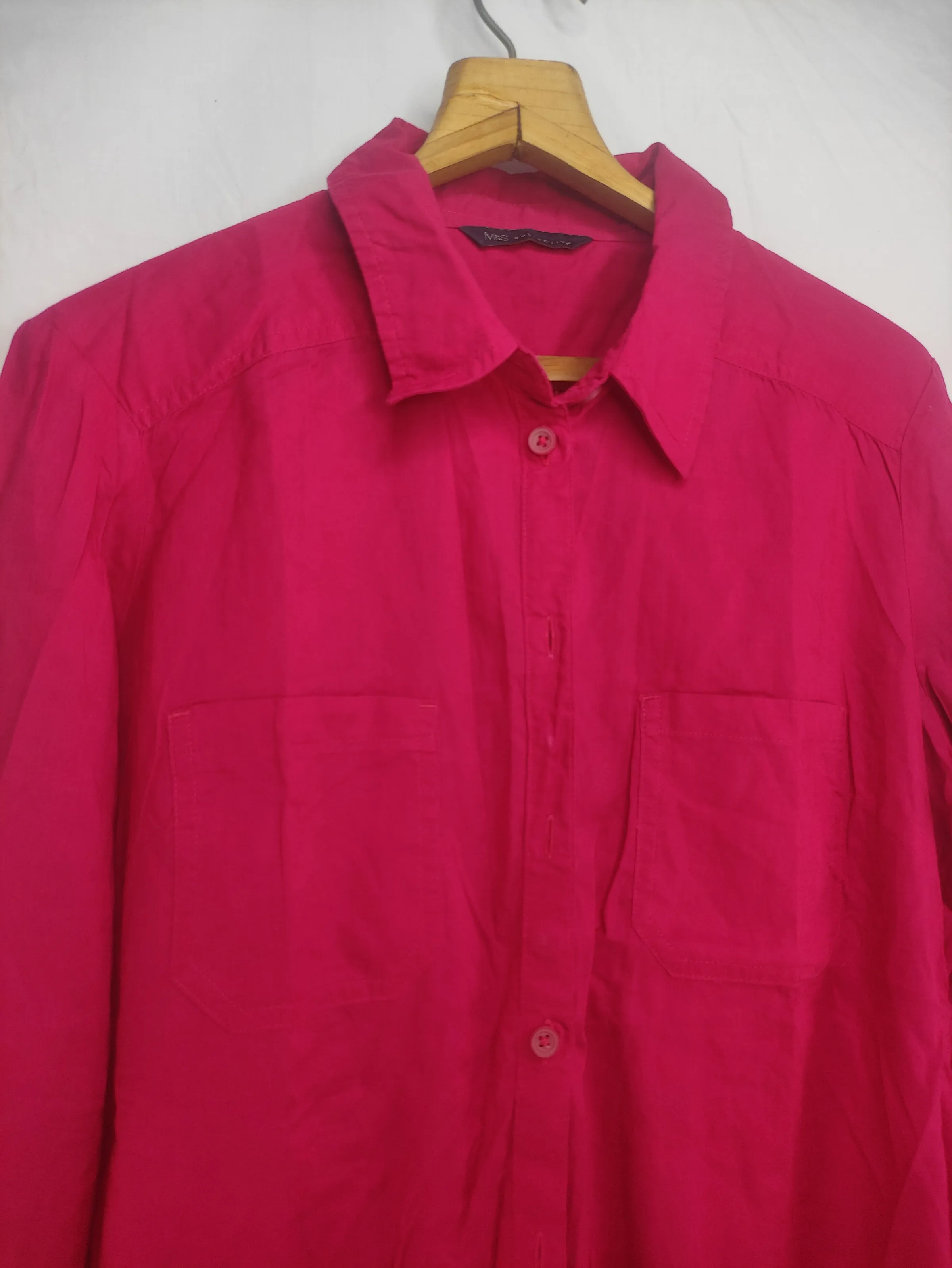 M&S Collection Women’s Bright Pink Long-Sleeve Button-Down Shirt with Dual Chest Pockets