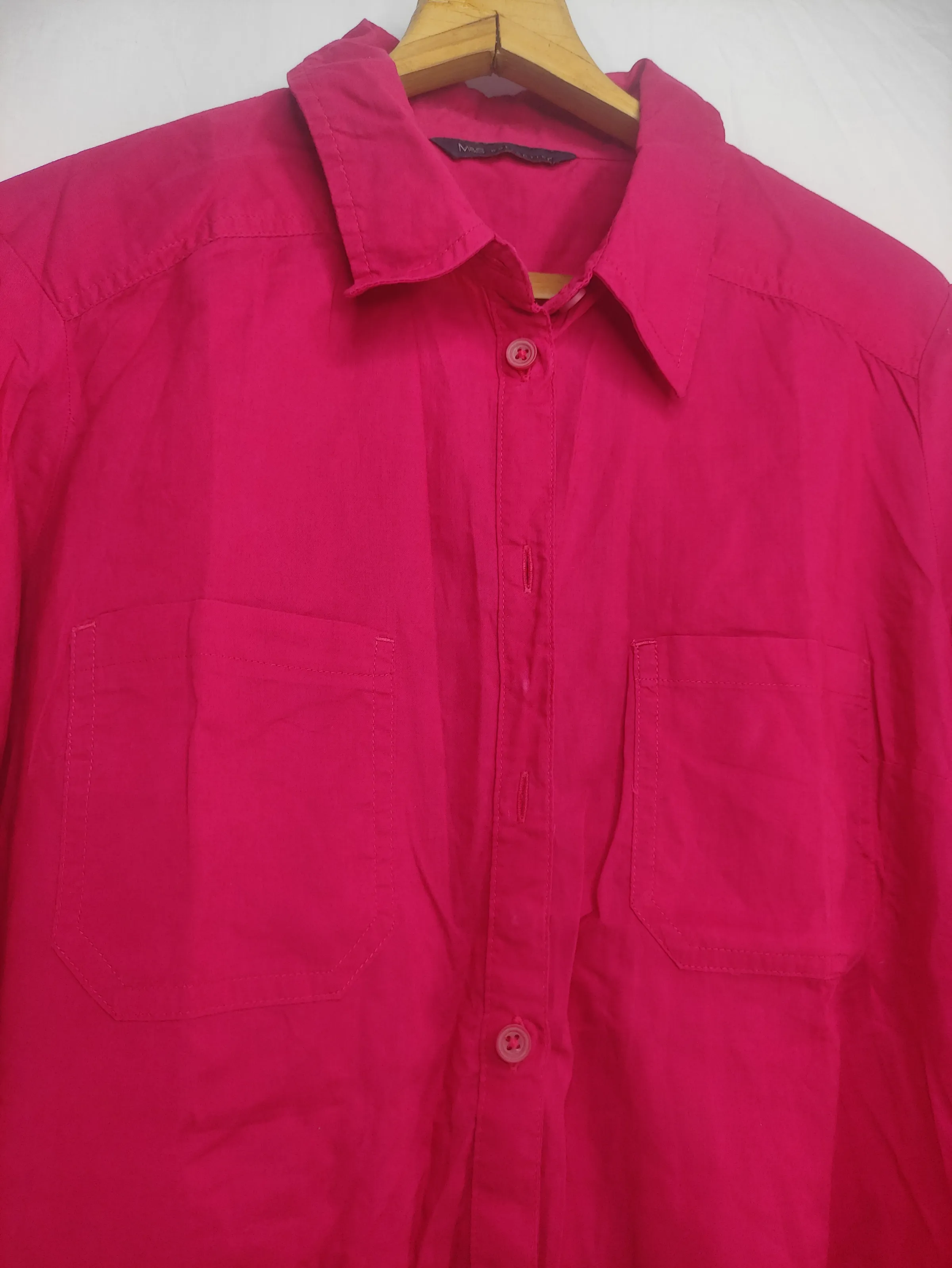 M&S Collection Women’s Bright Pink Long-Sleeve Button-Down Shirt with Dual Chest Pockets