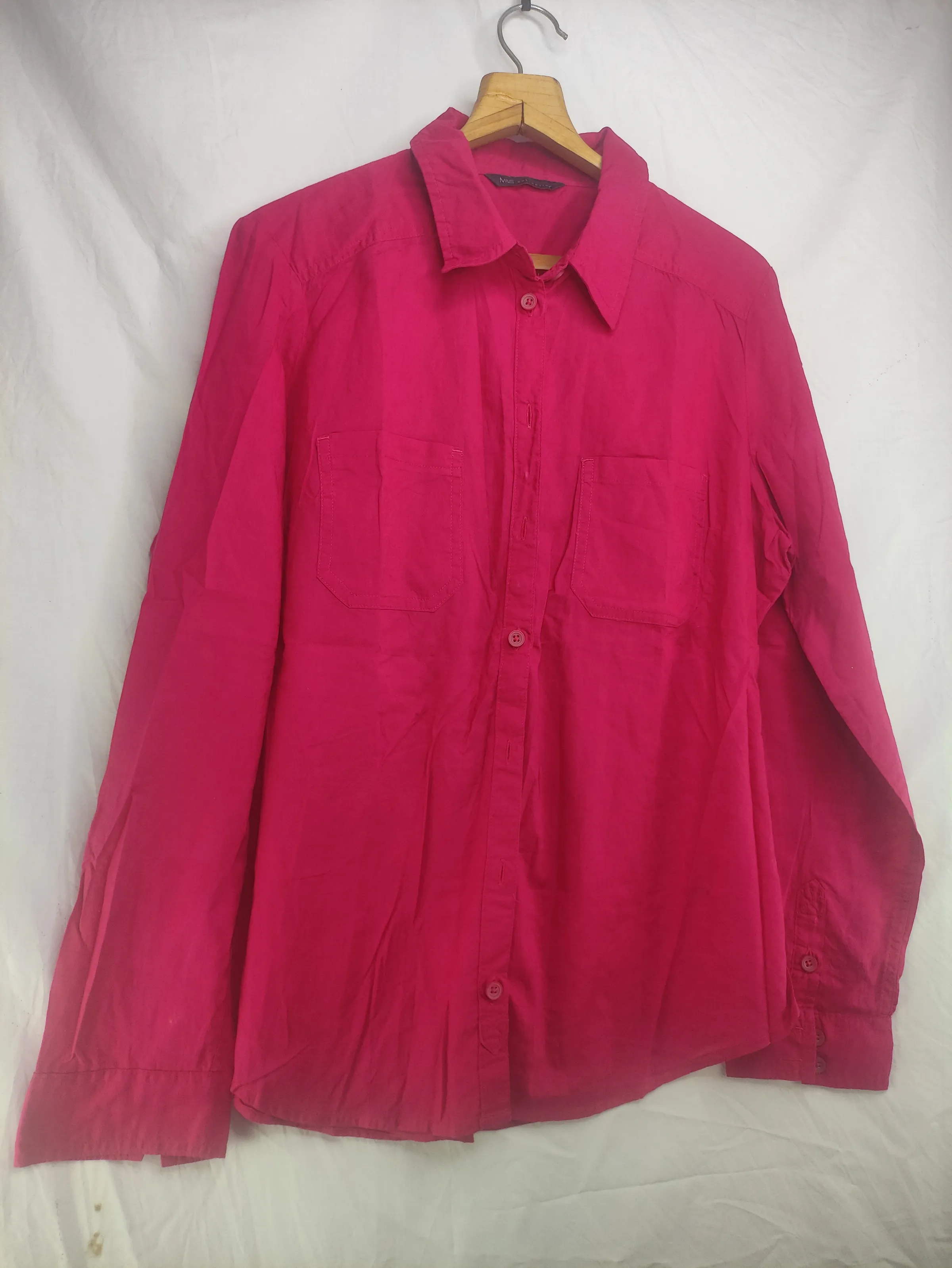 M&S Collection Women’s Bright Pink Long-Sleeve Button-Down Shirt with Dual Chest Pockets