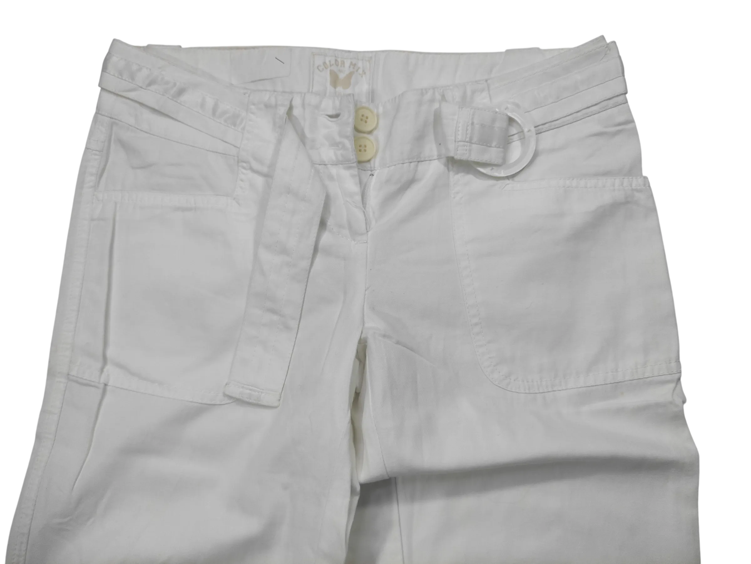 Women's White Belted Cargo Trousers – Relaxed Fit Wide-Leg Cotton Pants