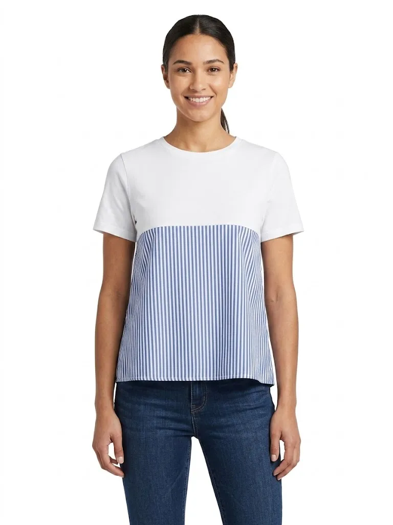 MNG Women's White & Blue Vertical Striped Colorblock Short Sleeve Top with Keyhole Back