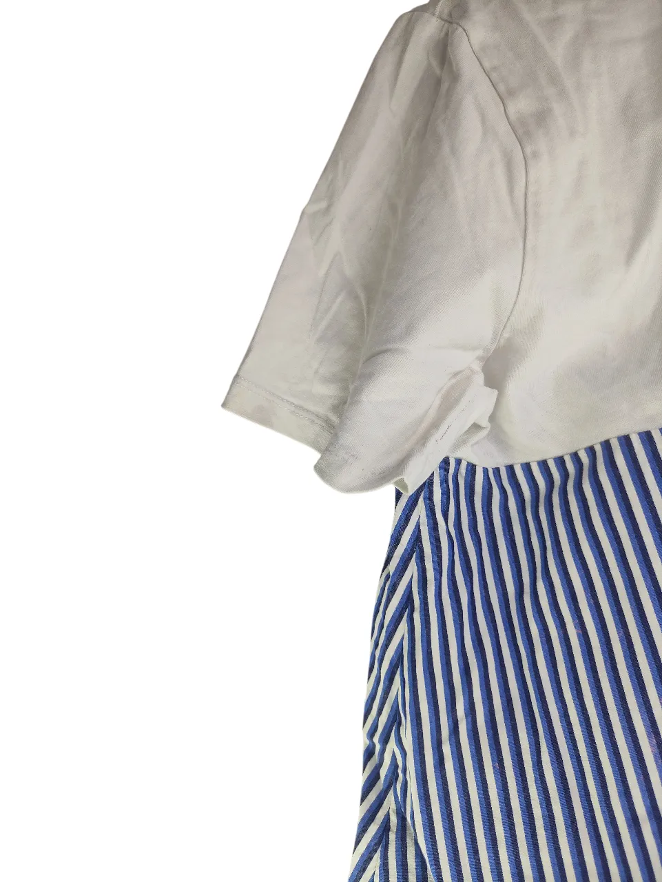 MNG Women's White & Blue Vertical Striped Colorblock Short Sleeve Top with Keyhole Back