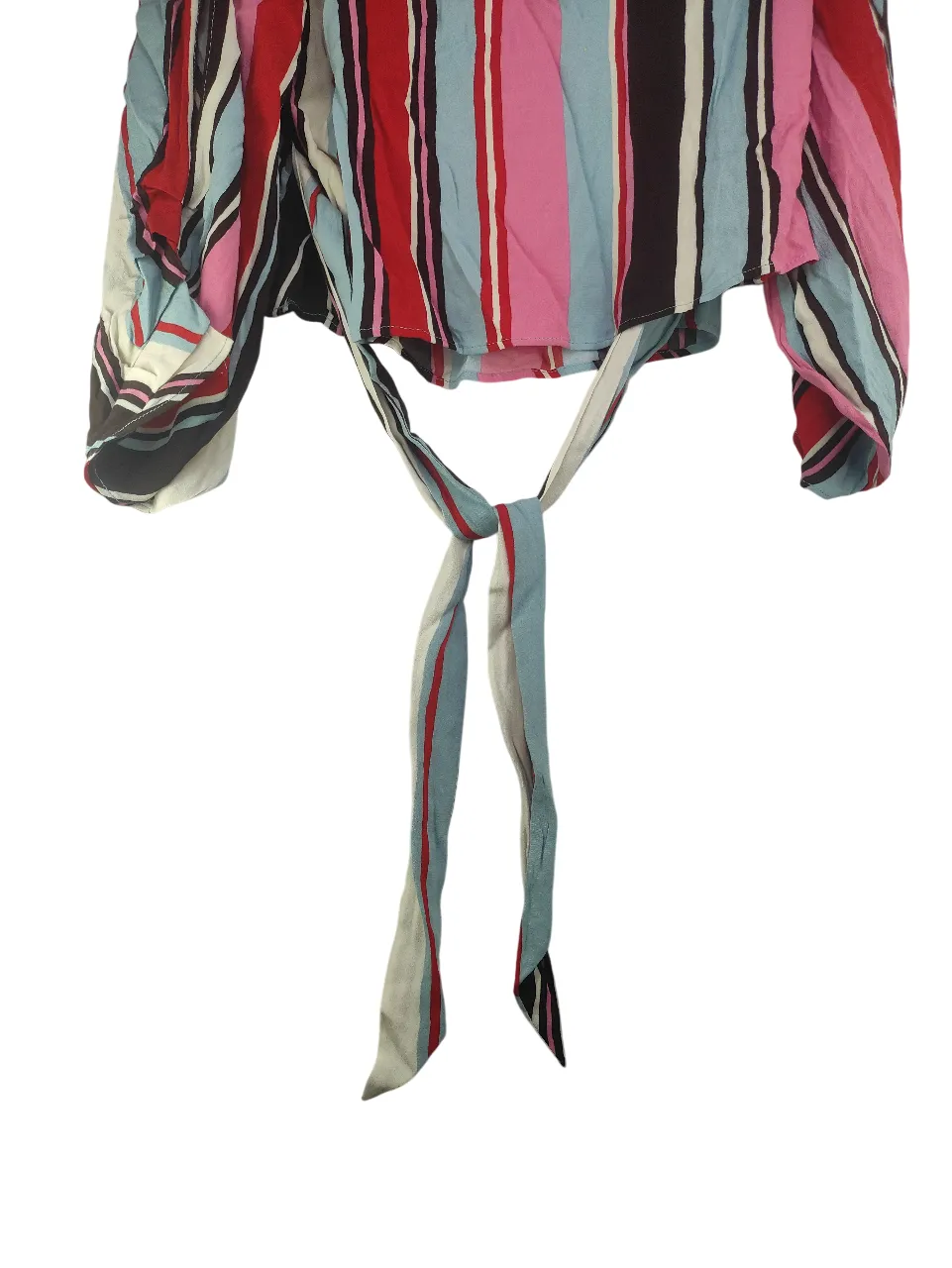 ZARA BASIC Women’s Multicolor Vertical Striped Front Tie Crop Top with Long Sleeves