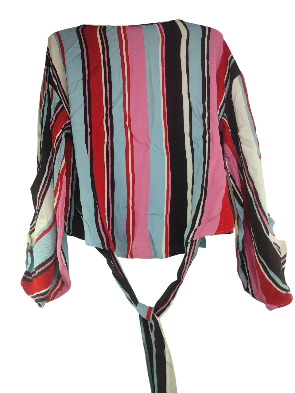 ZARA BASIC Women’s Multicolor Vertical Striped Front Tie Crop Top with Long Sleeves