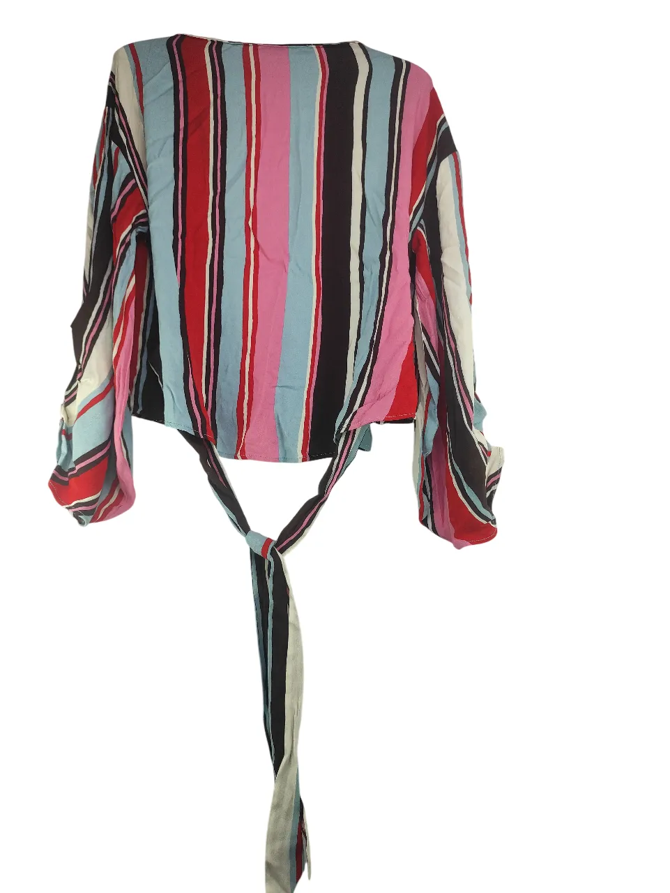 ZARA BASIC Women’s Multicolor Vertical Striped Front Tie Crop Top with Long Sleeves