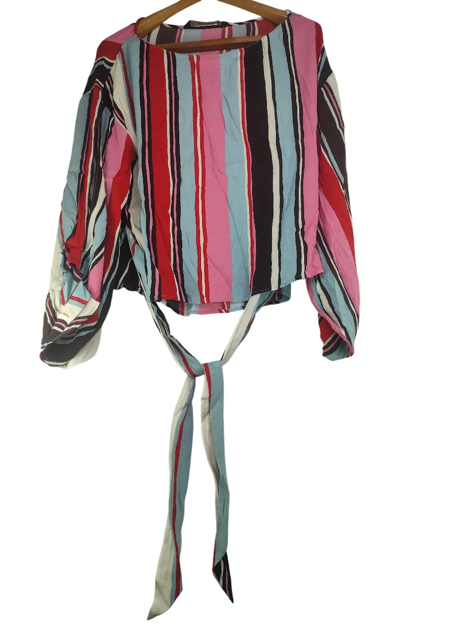 ZARA BASIC Women’s Multicolor Vertical Striped Front Tie Crop Top with Long Sleeves