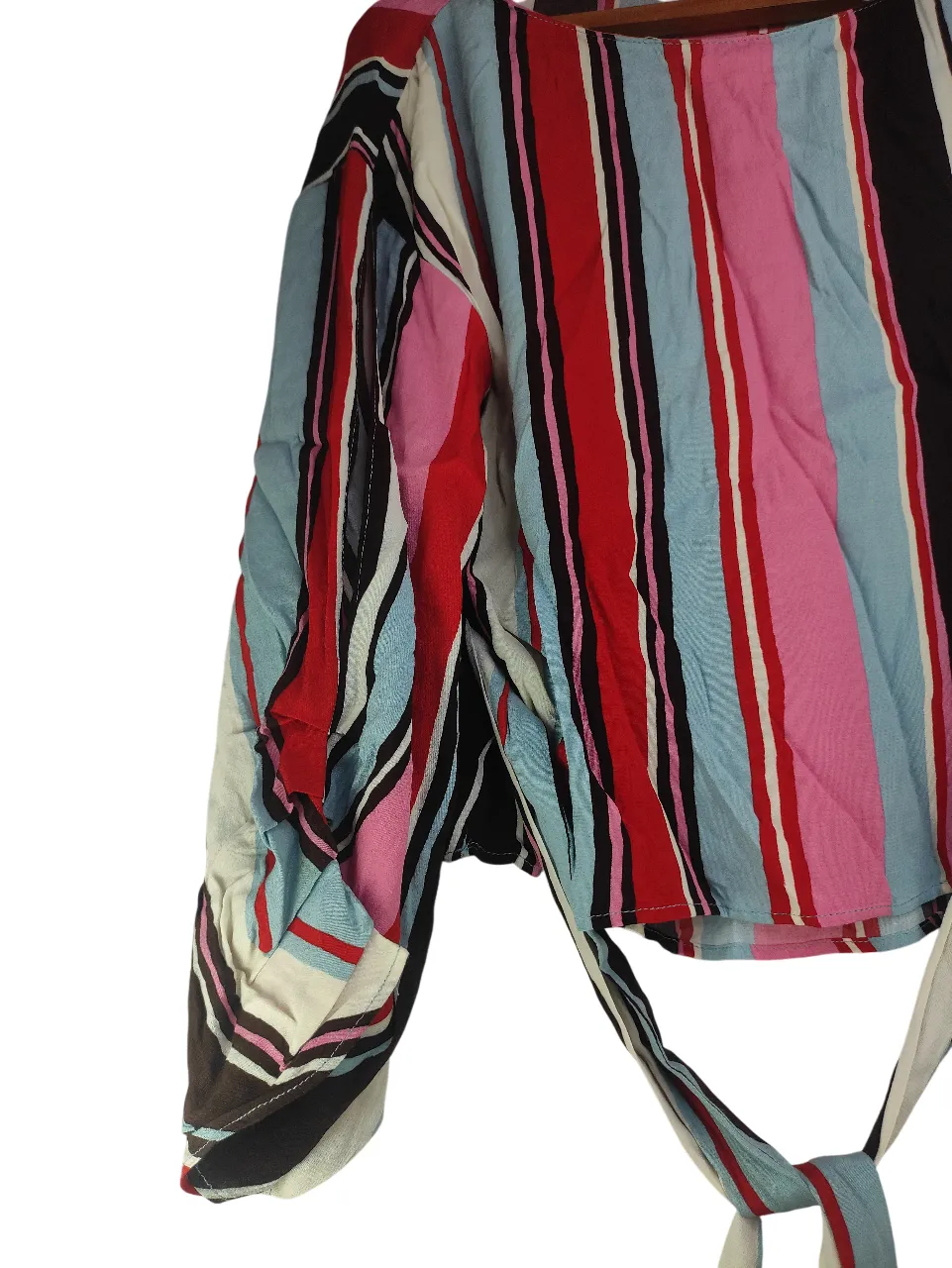 ZARA BASIC Women’s Multicolor Vertical Striped Front Tie Crop Top with Long Sleeves