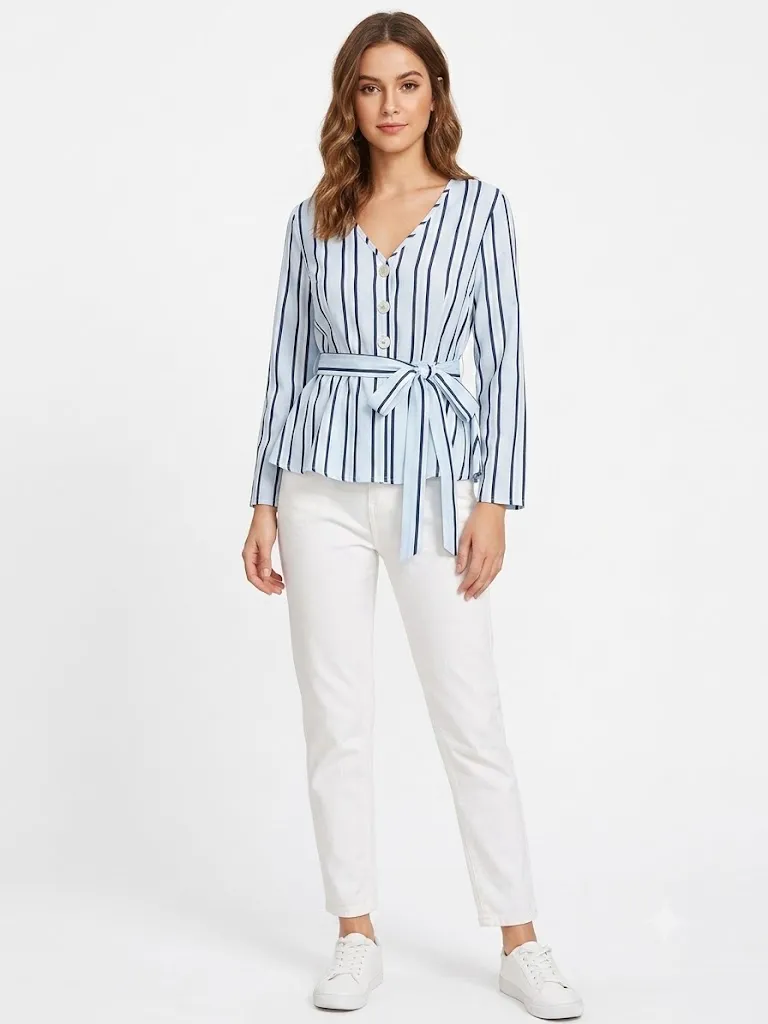 SHEIN Women's V-Neck Vertical Striped Tie-Front Peplum Top