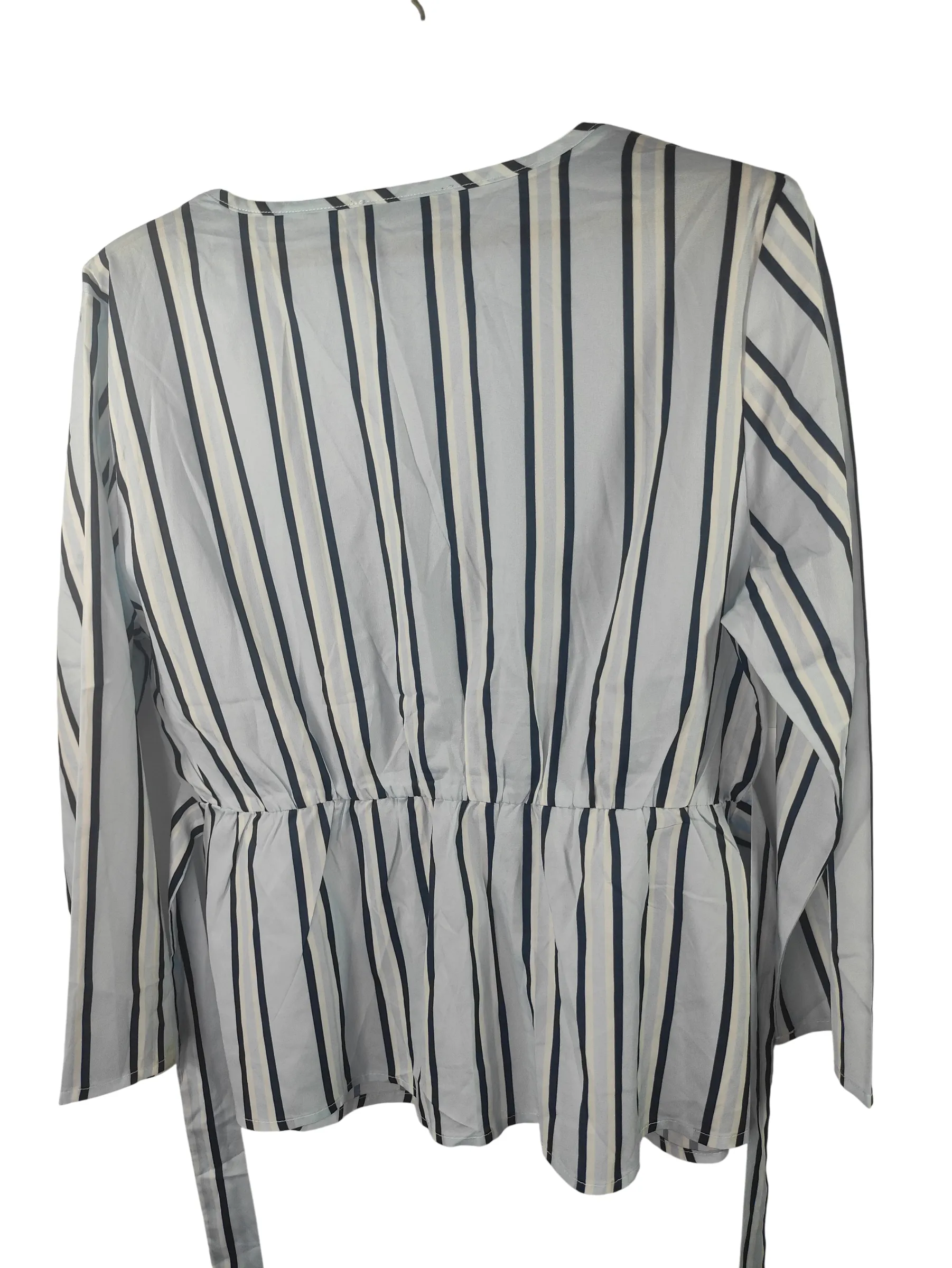 SHEIN Women's V-Neck Vertical Striped Tie-Front Peplum Top