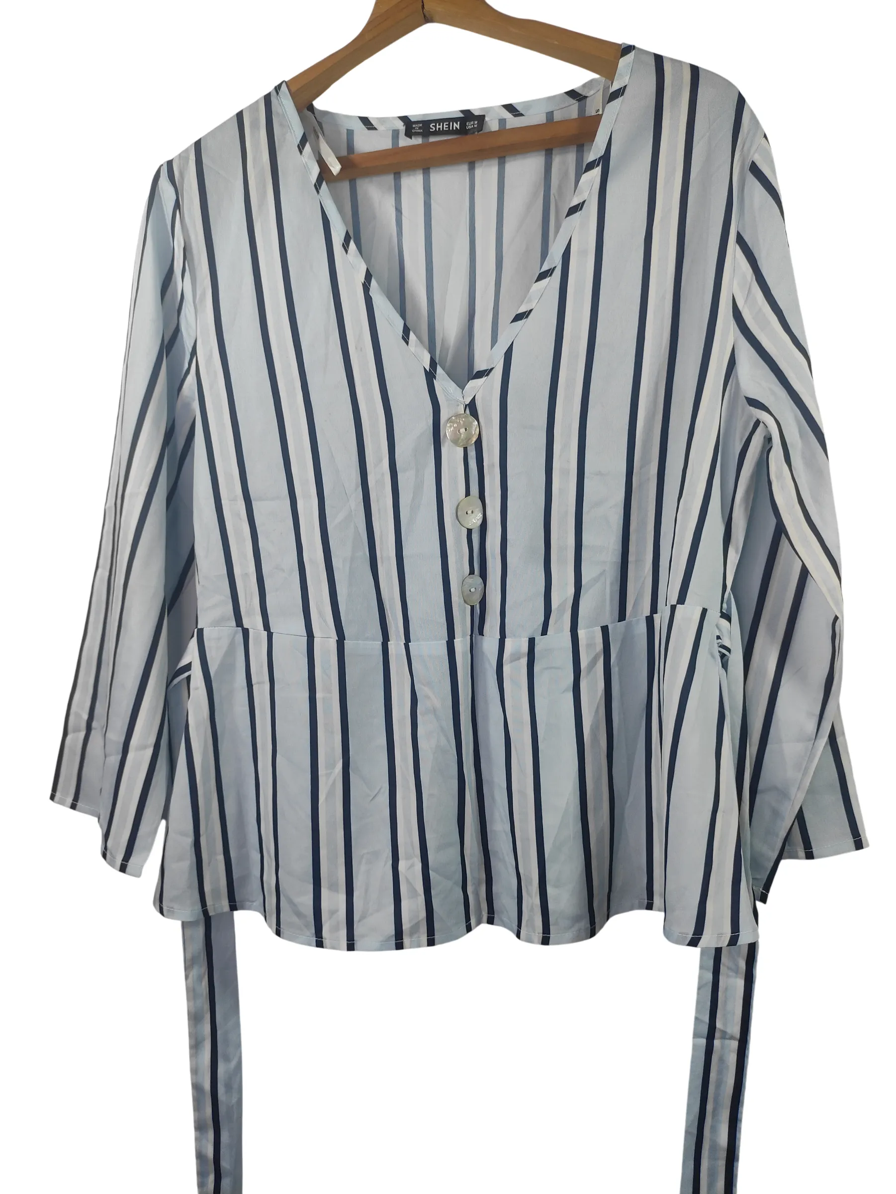 SHEIN Women's V-Neck Vertical Striped Tie-Front Peplum Top