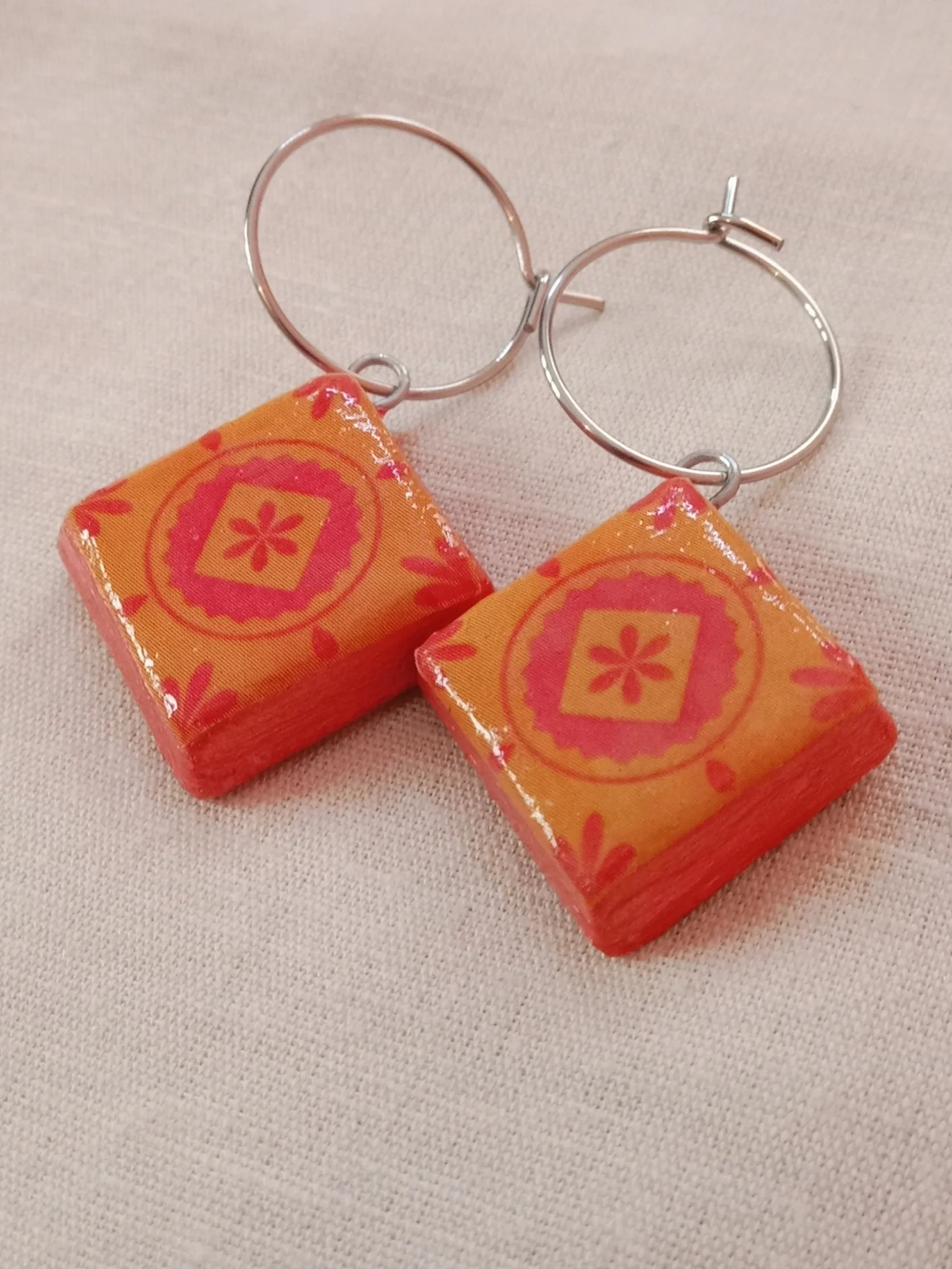 Mediterranean Tiles Inspired Clay Dangler Earrings with Anti-Tarnish Stainless Steel hoops