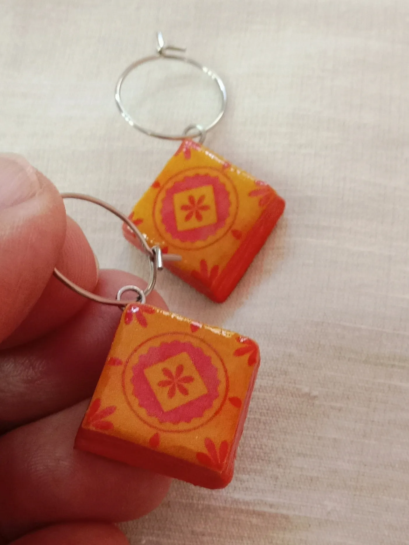 Mediterranean Tiles Inspired Clay Dangler Earrings with Anti-Tarnish Stainless Steel hoops