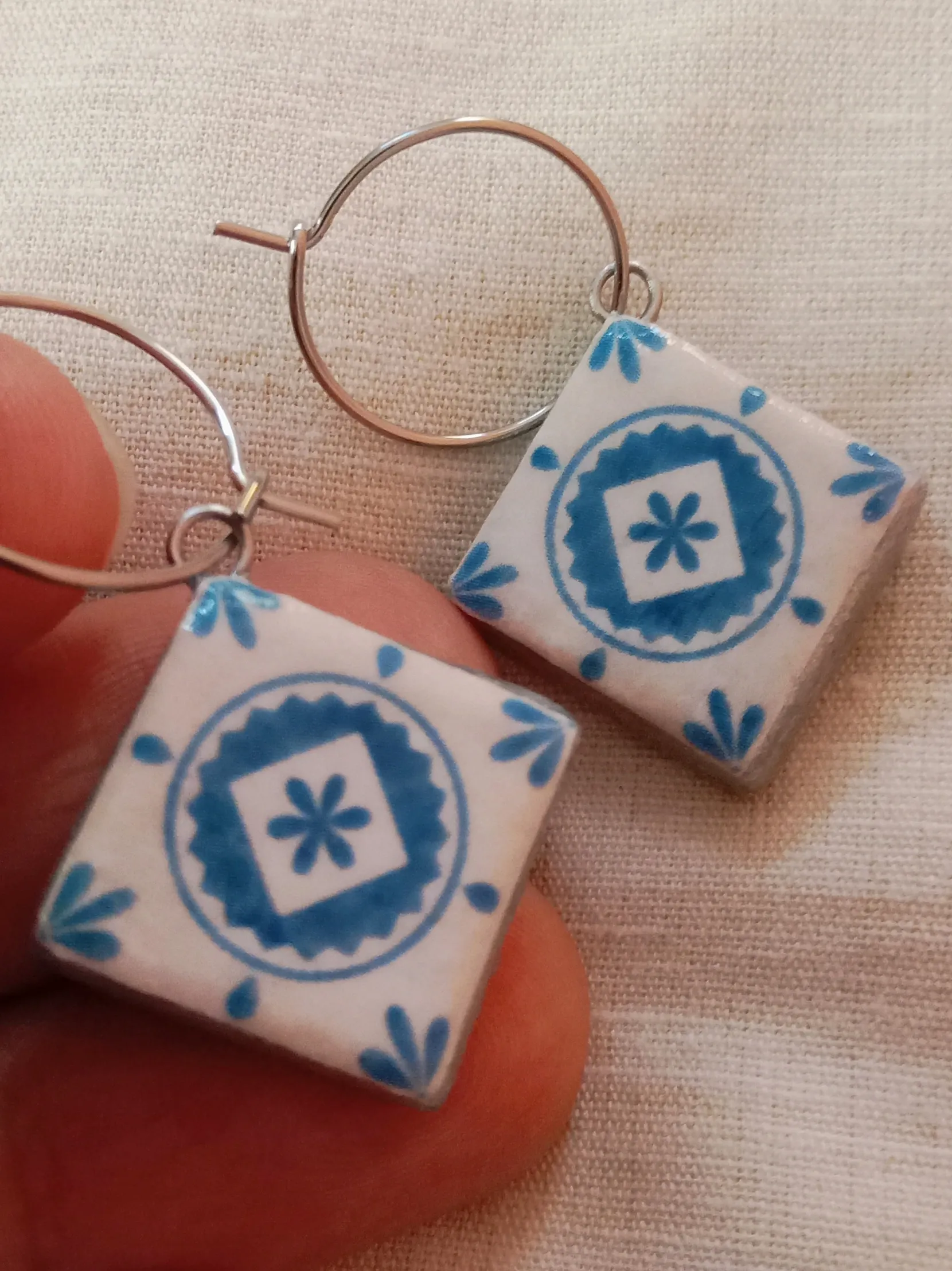 Mediterranean Tiles Inspired Clay Dangler Earrings (blue) with Anti-Tarnish Stainless Steel hoops