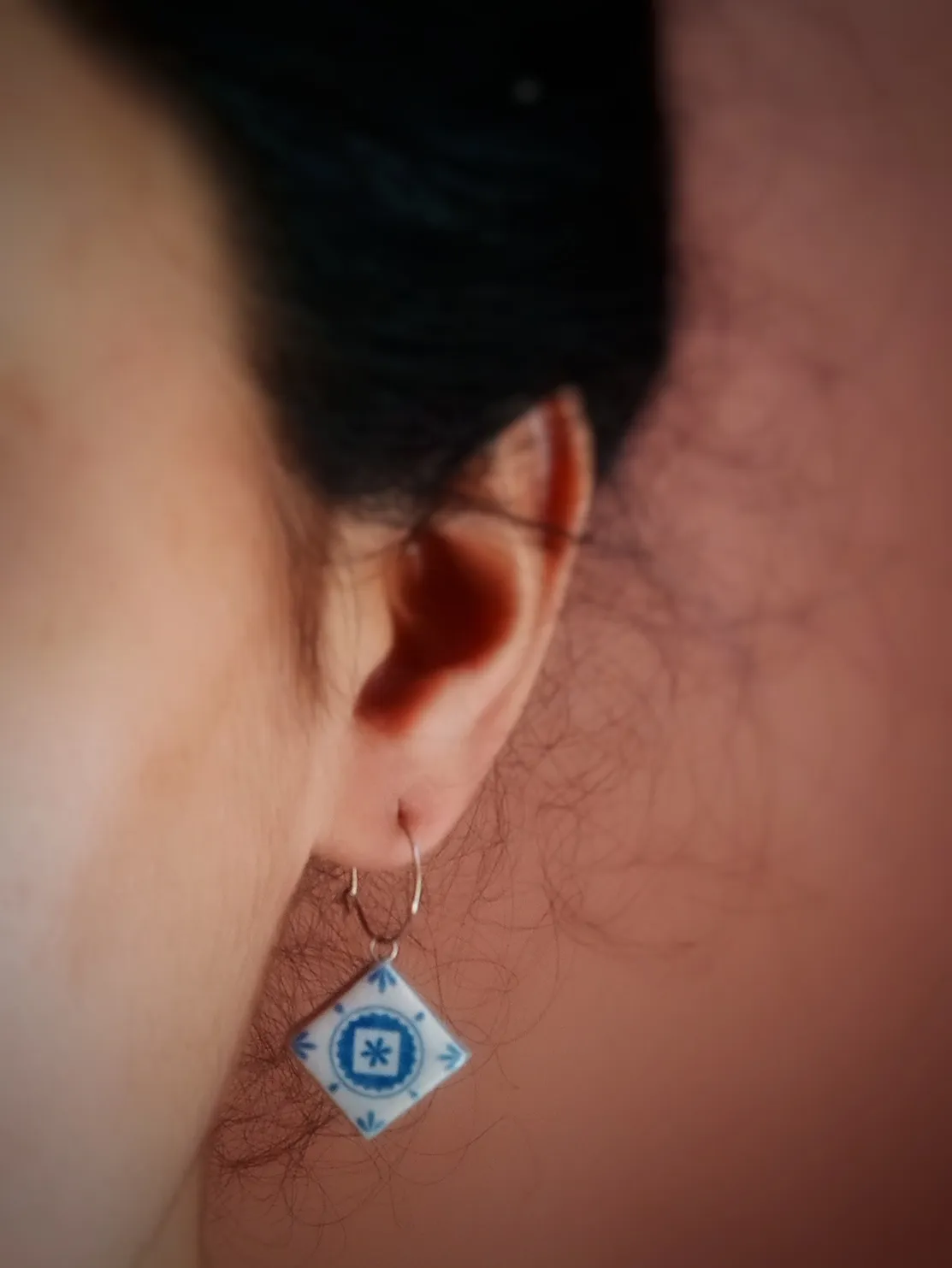 Mediterranean Tiles Inspired Clay Dangler Earrings (blue) with Anti-Tarnish Stainless Steel hoops