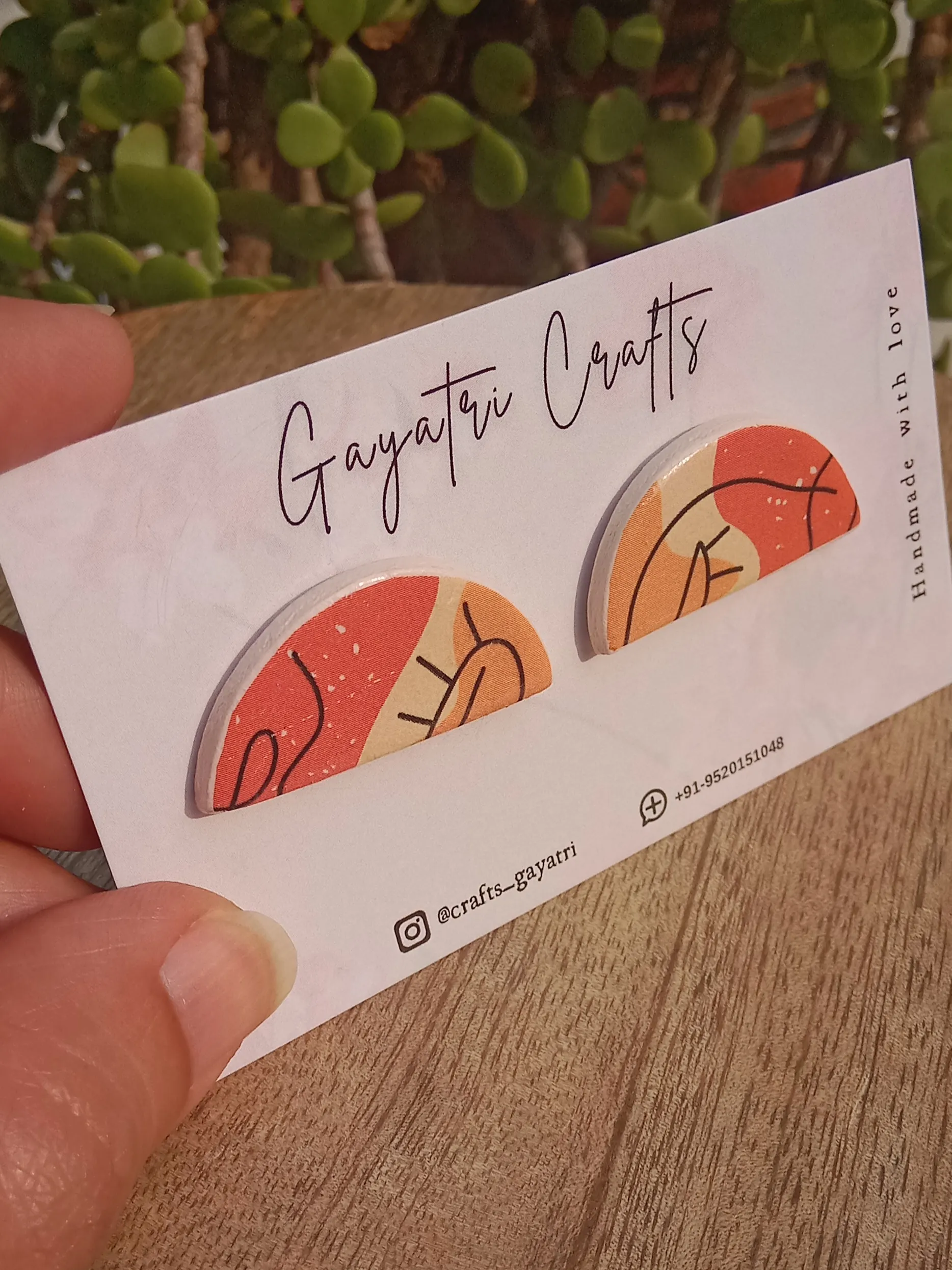 Orange and Peach Line Art Semicircle Boho Studs Earrings - Stainless Steel Hypoallergenic Backing