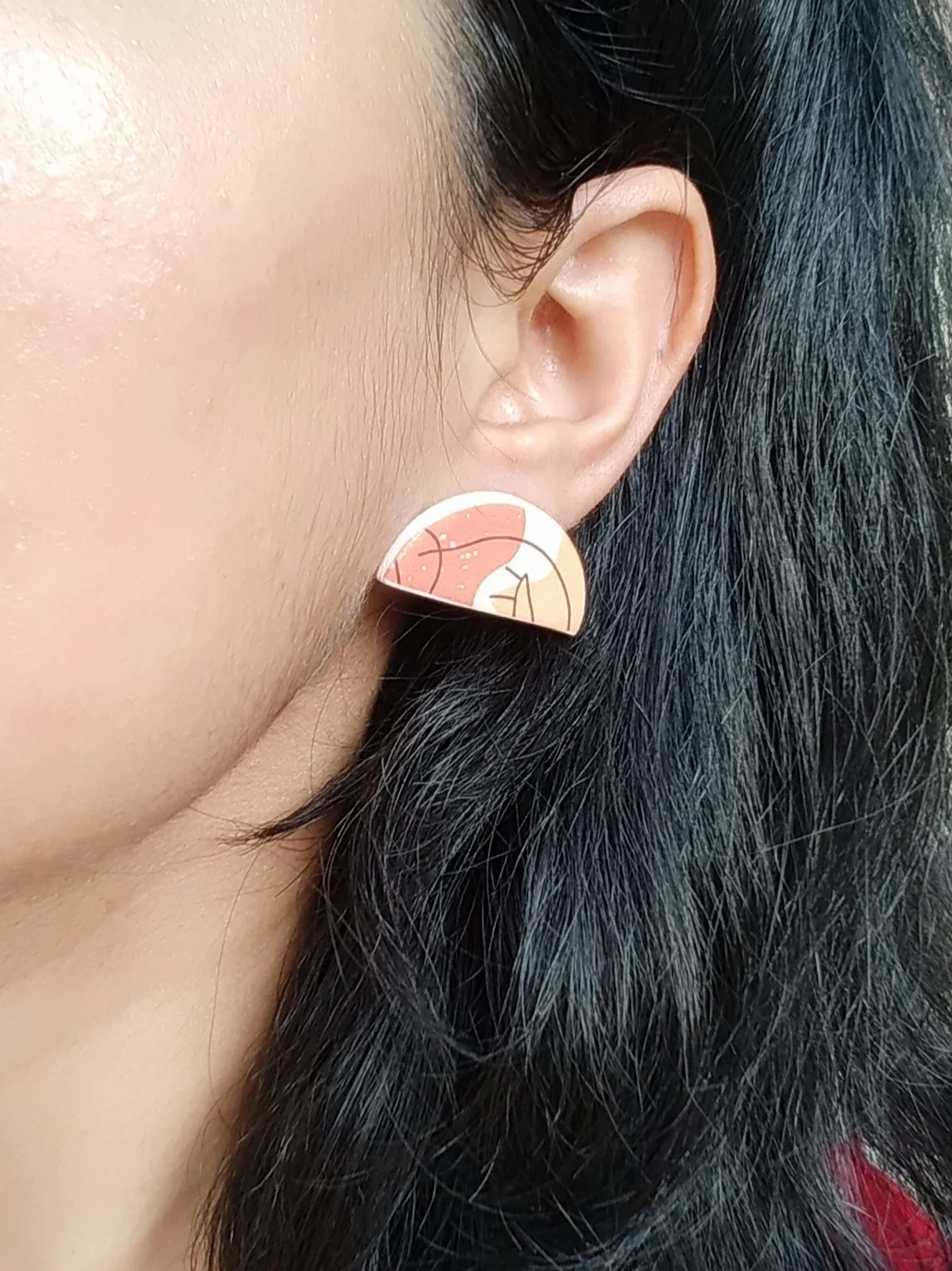 Orange and Peach Line Art Semicircle Boho Studs Earrings - Stainless Steel Hypoallergenic Backing