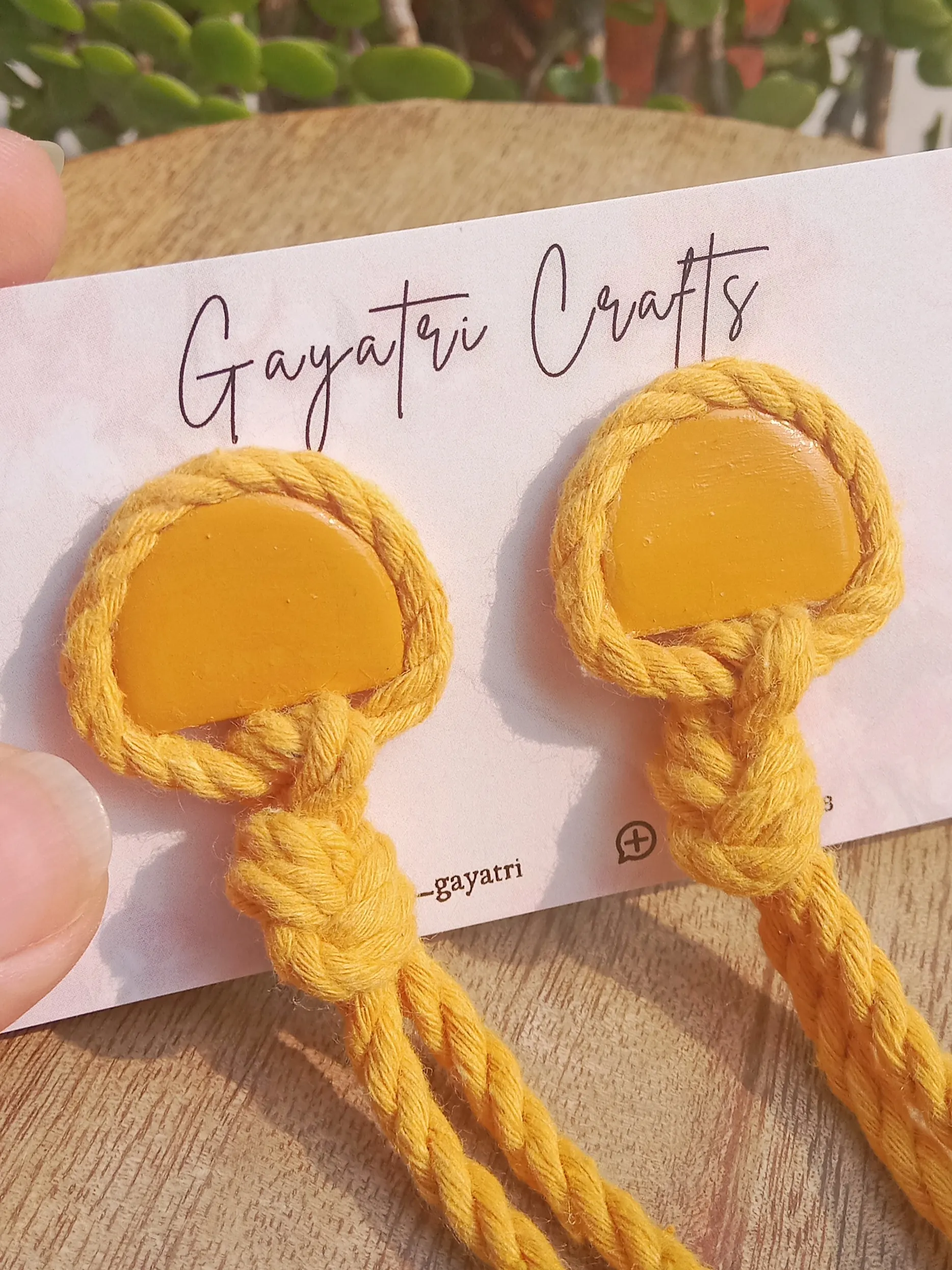 Mustard Macrame Fringe Earrings - Small Semicircle Clay Studs - With Stainless Steel Backing