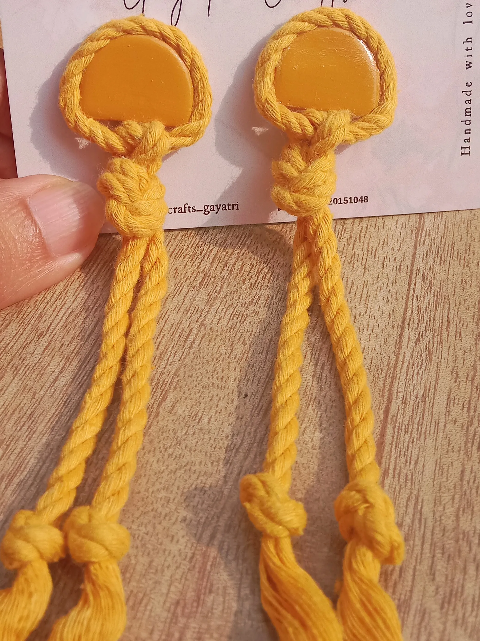 Mustard Macrame Fringe Earrings - Small Semicircle Clay Studs - With Stainless Steel Backing