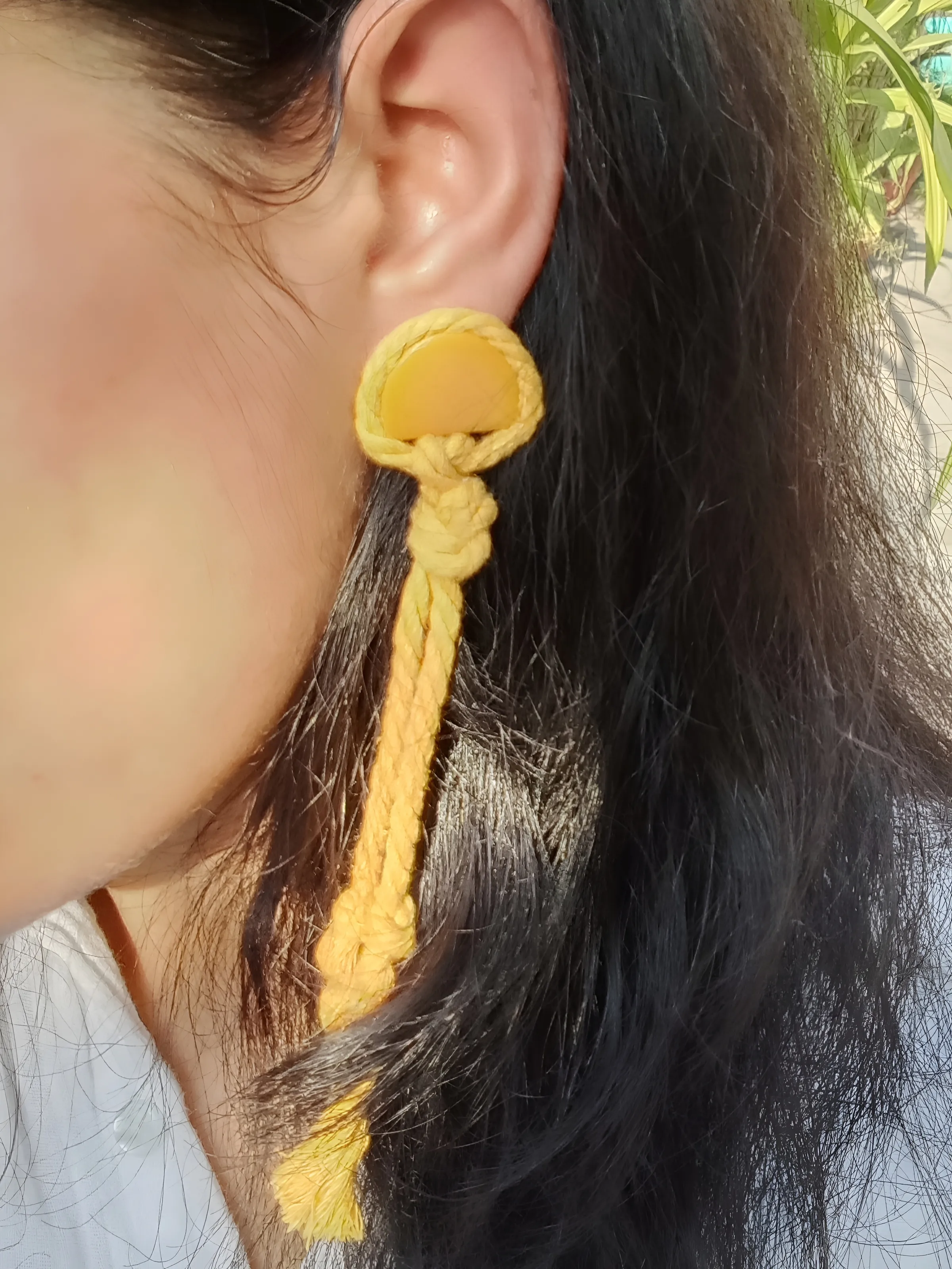 Mustard Macrame Fringe Earrings - Small Semicircle Clay Studs - With Stainless Steel Backing