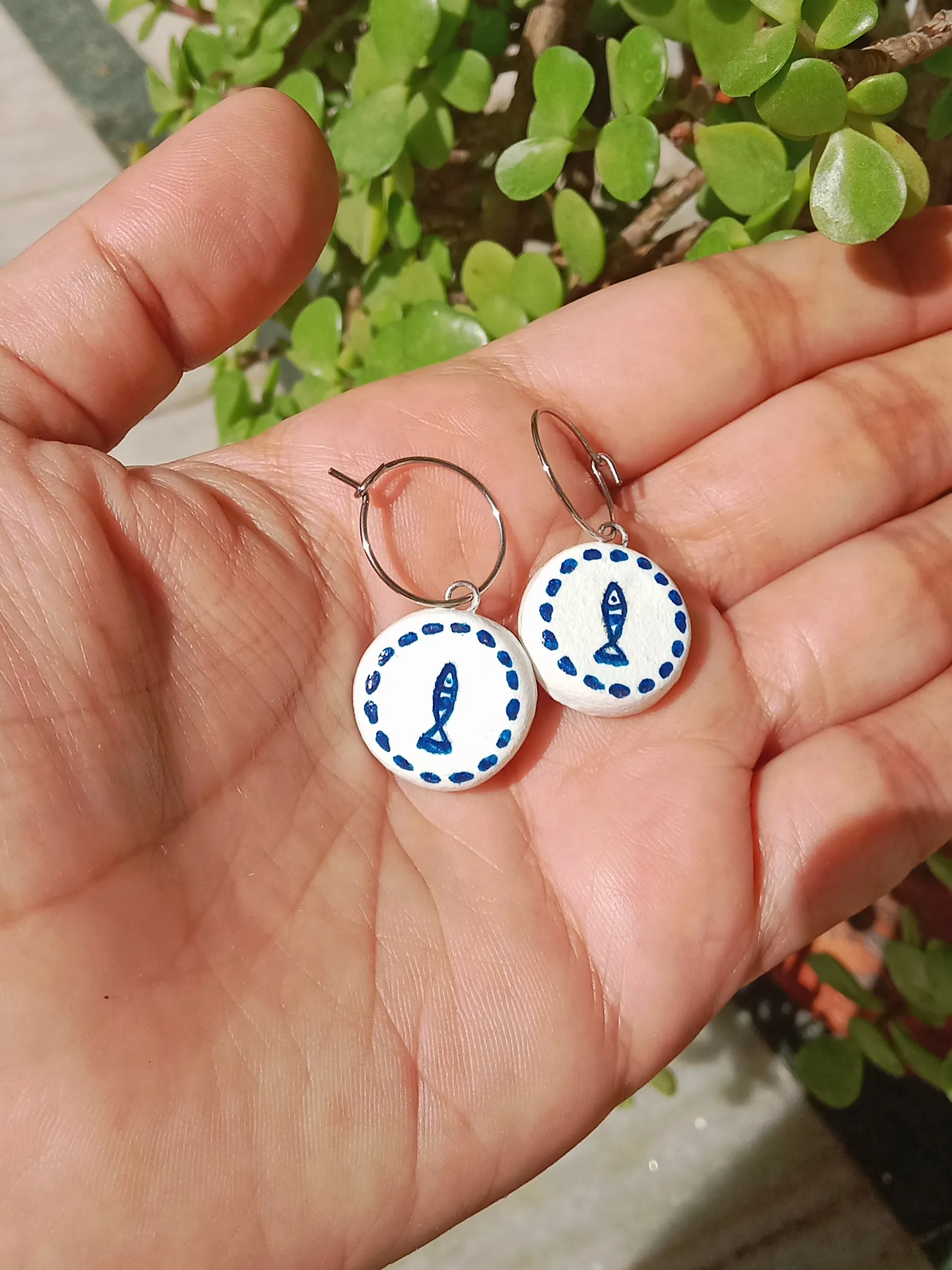 Minimalist Boho Mediterranean Clay Dangler Earrings - Blue and White - Hand-Painted - Anti-Tarnish Stainless Steel hoops