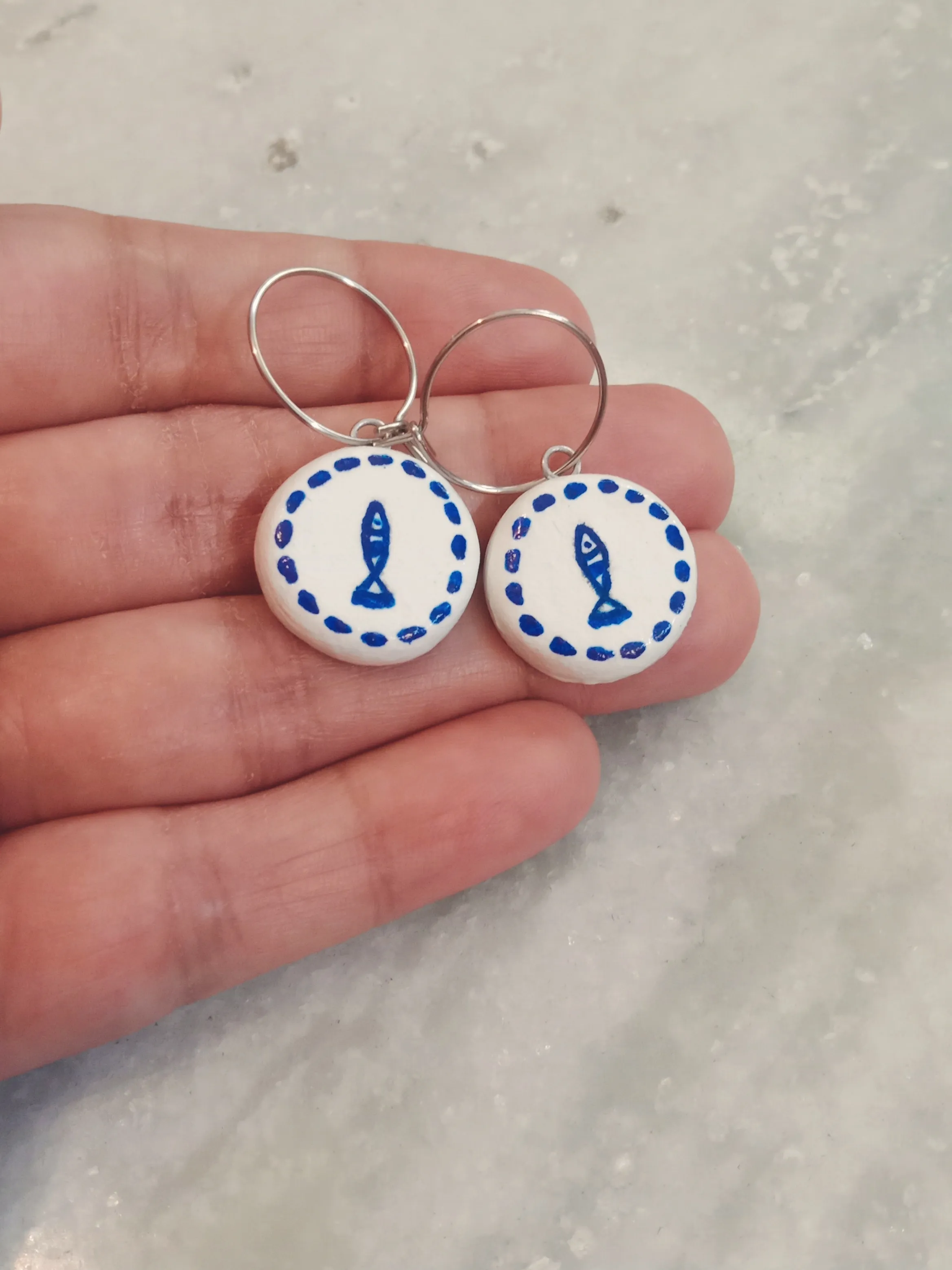 Minimalist Boho Mediterranean Clay Dangler Earrings - Blue and White - Hand-Painted - Anti-Tarnish Stainless Steel hoops