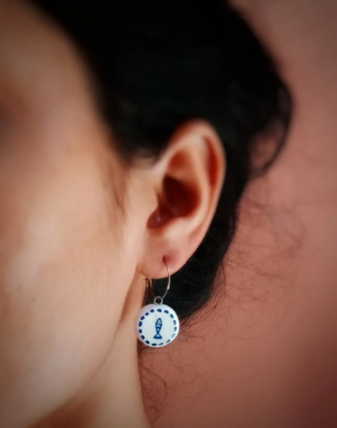 Minimalist Boho Mediterranean Clay Dangler Earrings - Blue and White - Hand-Painted - Anti-Tarnish Stainless Steel hoops