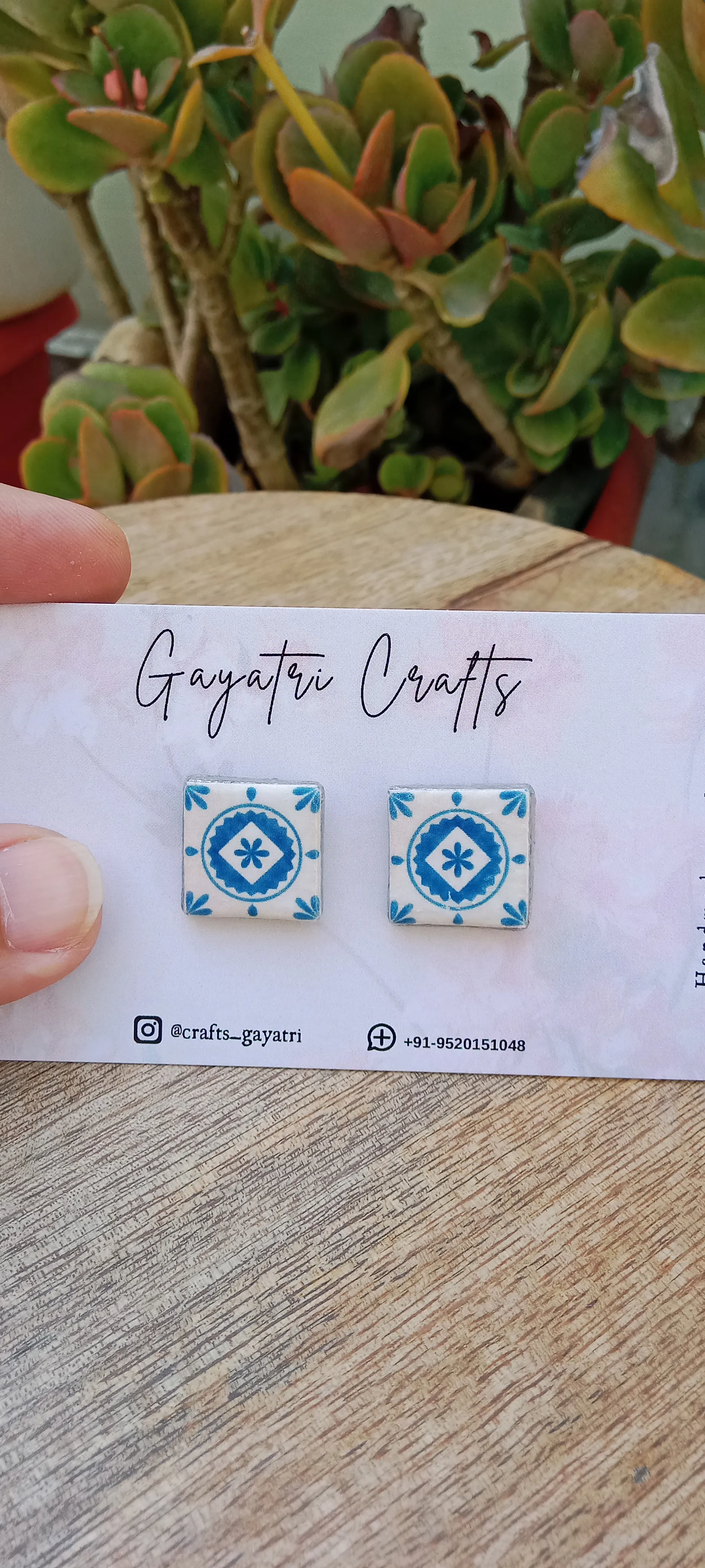 Mediterranean Tiles Inspired Clay Studs. Blue & white Earrings with Anti-Tarnish Stainless Steel backing.
