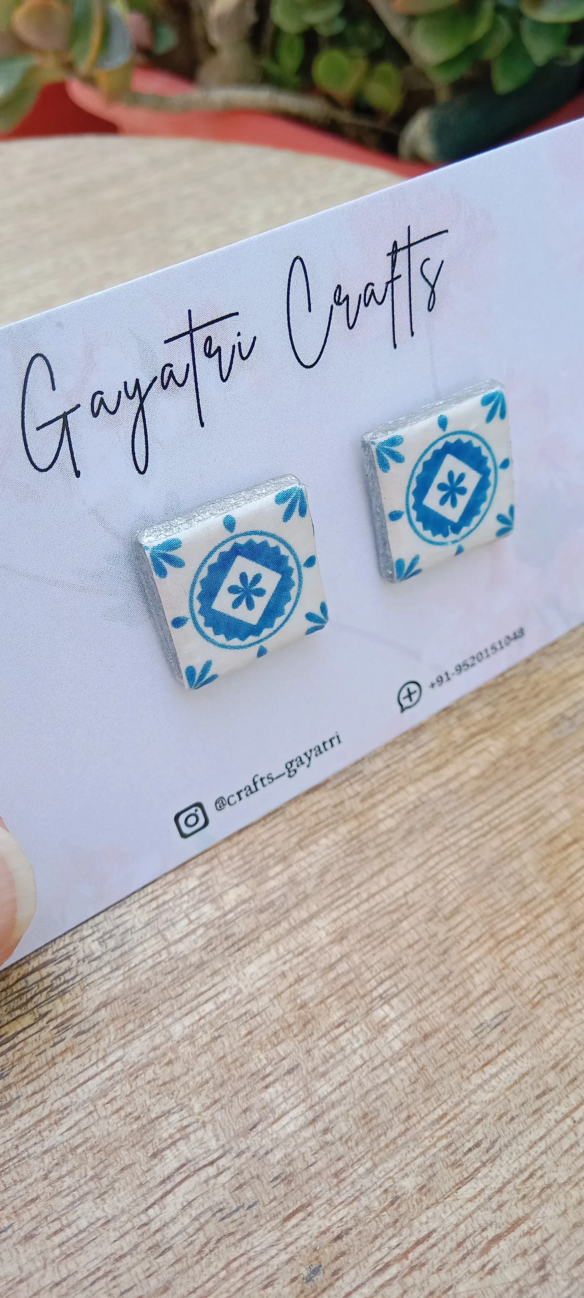 Mediterranean Tiles Inspired Clay Studs. Blue & white Earrings with Anti-Tarnish Stainless Steel backing.