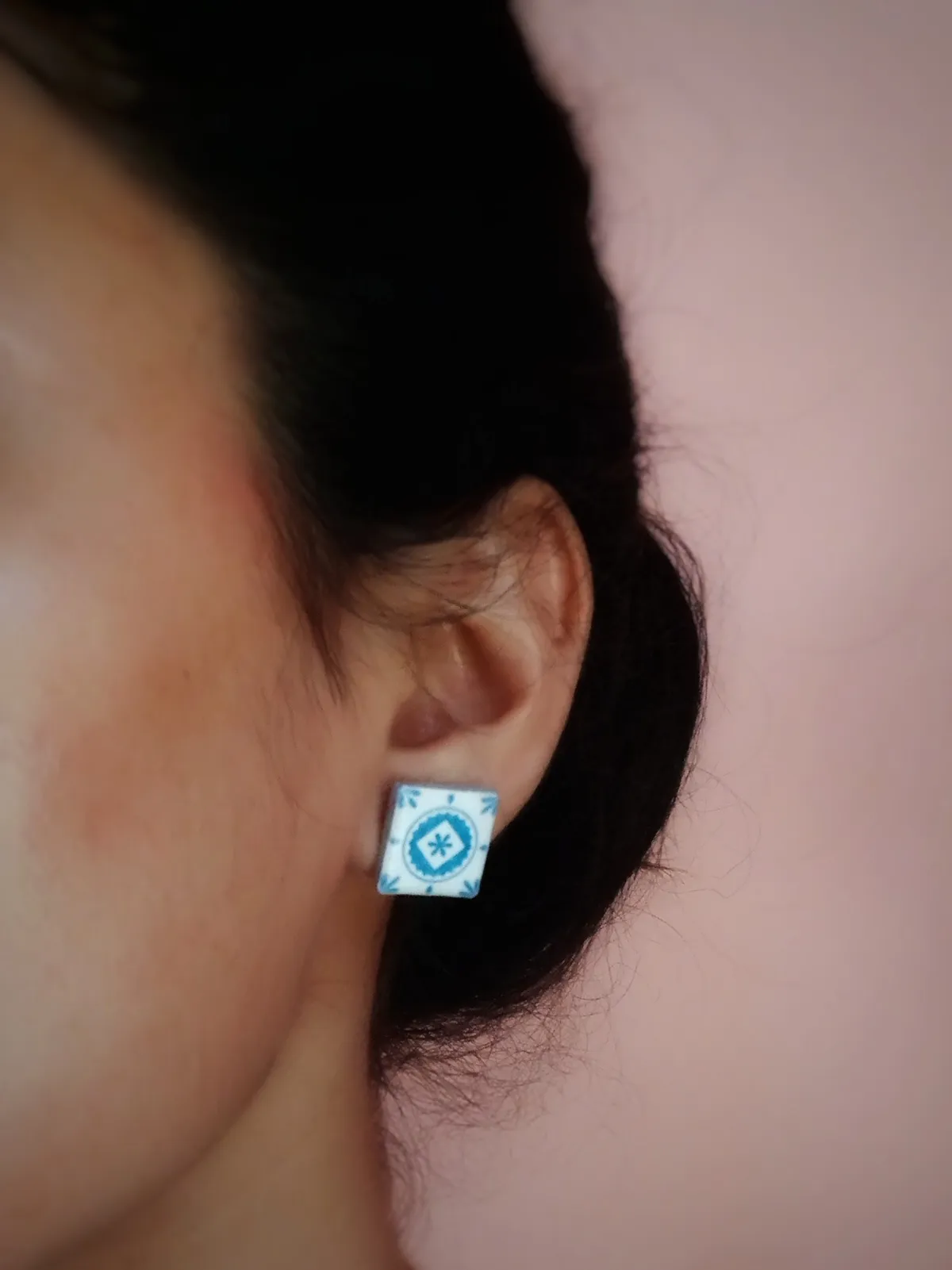 Mediterranean Tiles Inspired Clay Studs. Blue & white Earrings with Anti-Tarnish Stainless Steel backing.