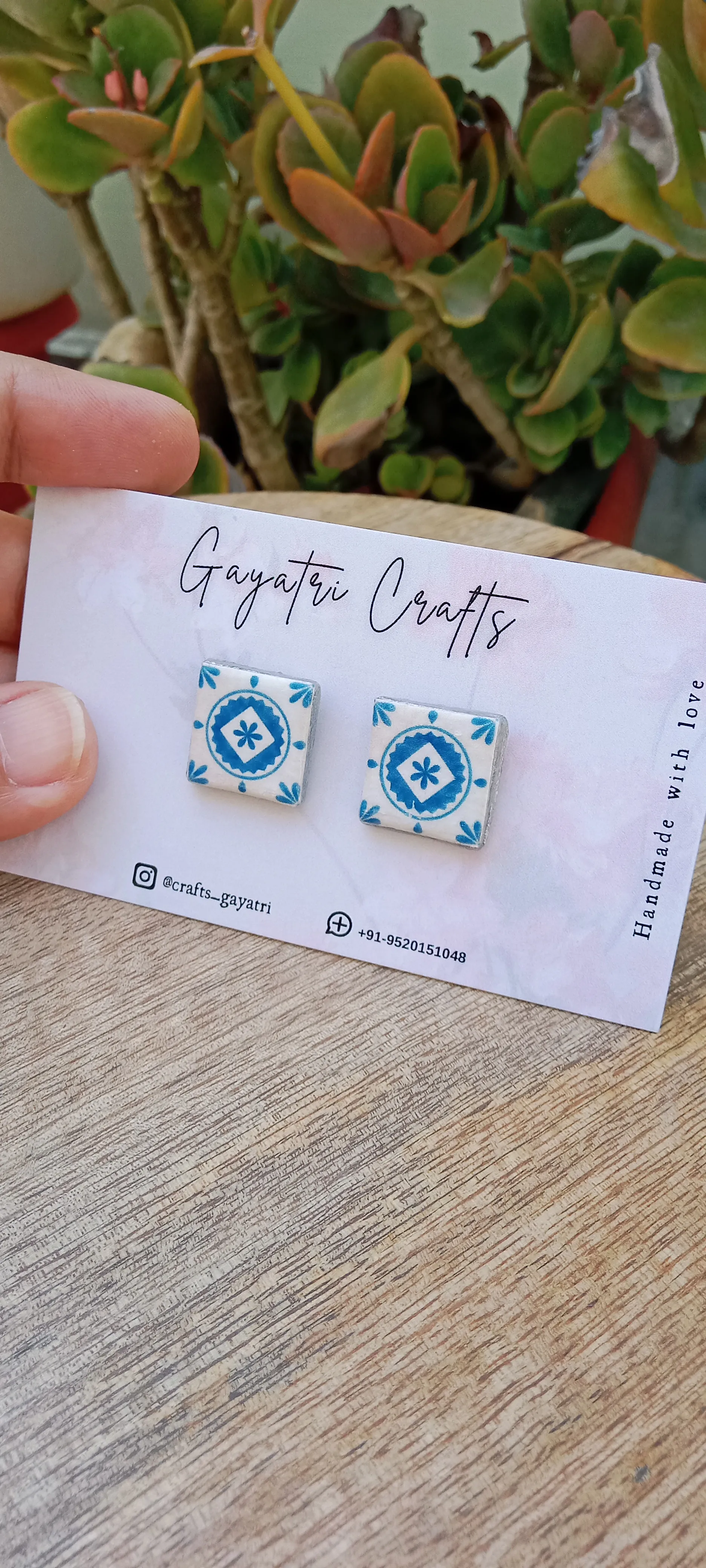 Mediterranean Tiles Inspired Clay Studs. Blue & white Earrings with Anti-Tarnish Stainless Steel backing.
