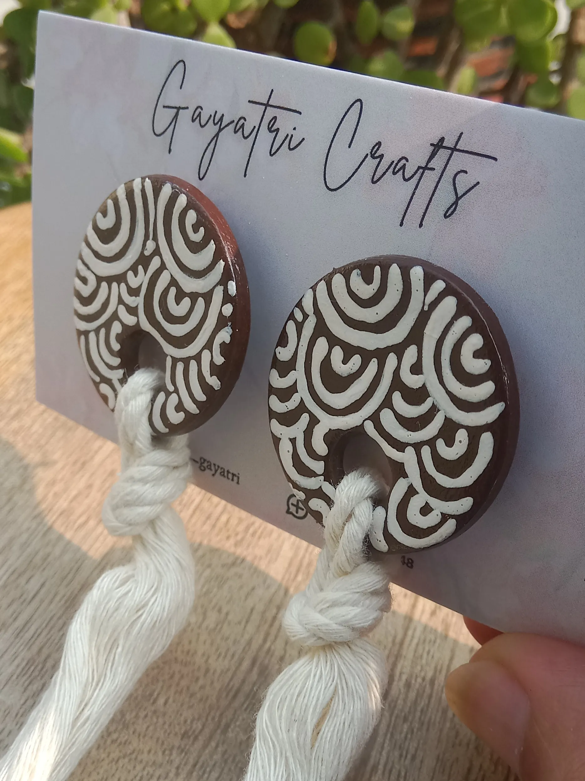 Minimalist Clay Studs With A Hand Painted Boho Design And A Macrame Twist In White And Terracotta Colours