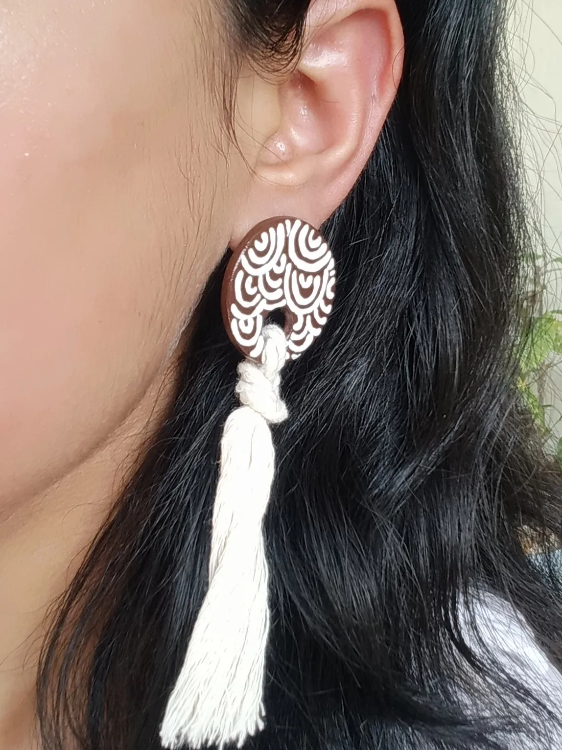 Minimalist Clay Studs With A Hand Painted Boho Design And A Macrame Twist In White And Terracotta Colours