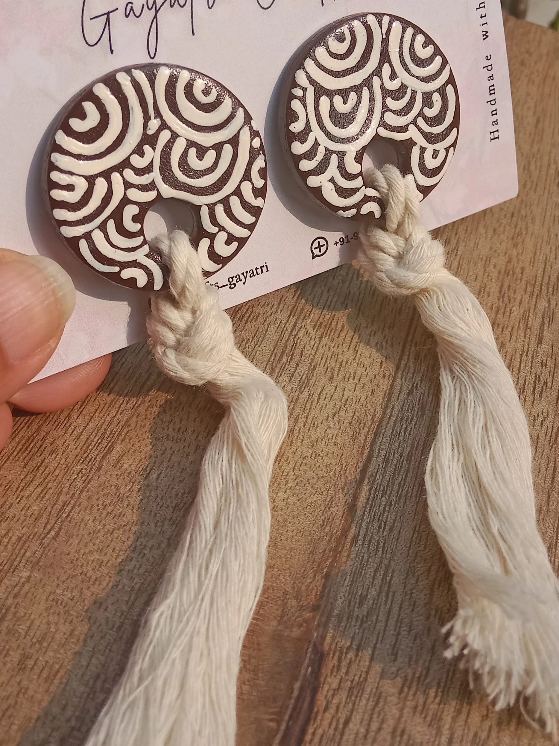 Minimalist Clay Studs With A Hand Painted Boho Design And A Macrame Twist In White And Terracotta Colours