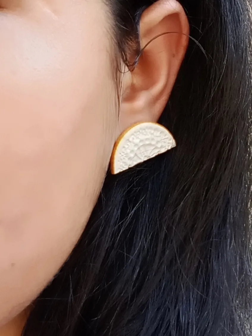 White Semicircle Clay Stud Earrings With Mandala - Gold Bordered - Medium Geometric Boho Studs with Stainless Steel Backing