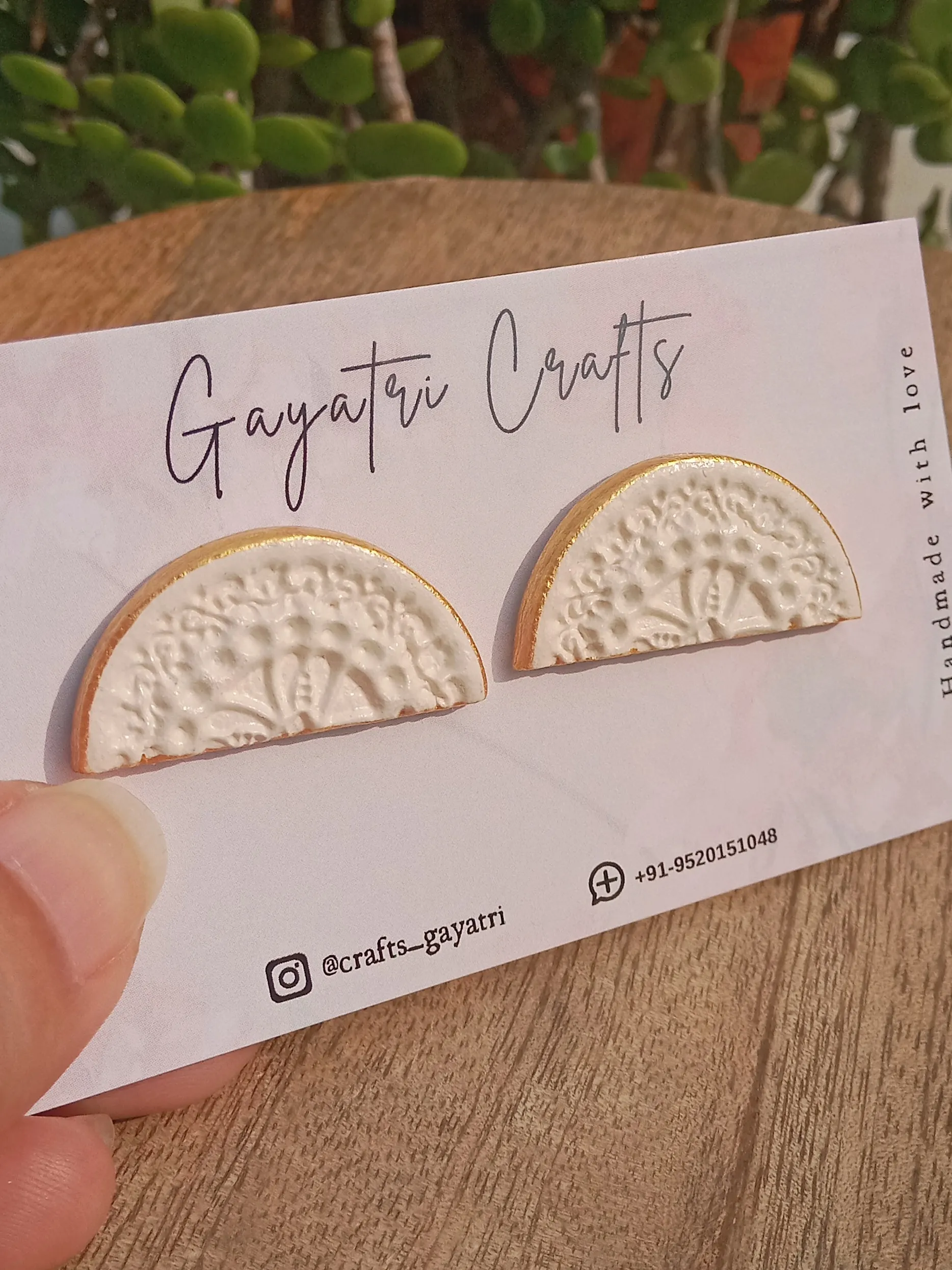 White Semicircle Clay Stud Earrings With Mandala - Gold Bordered - Medium Geometric Boho Studs with Stainless Steel Backing