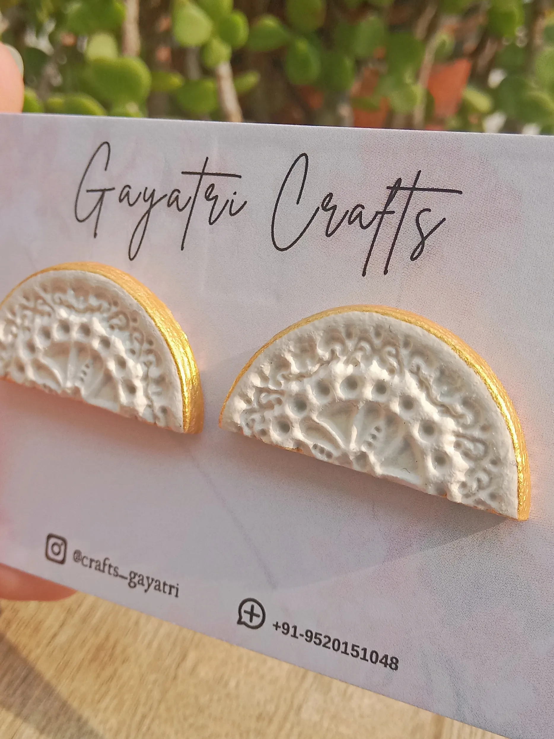 White Semicircle Clay Stud Earrings With Mandala - Gold Bordered - Medium Geometric Boho Studs with Stainless Steel Backing