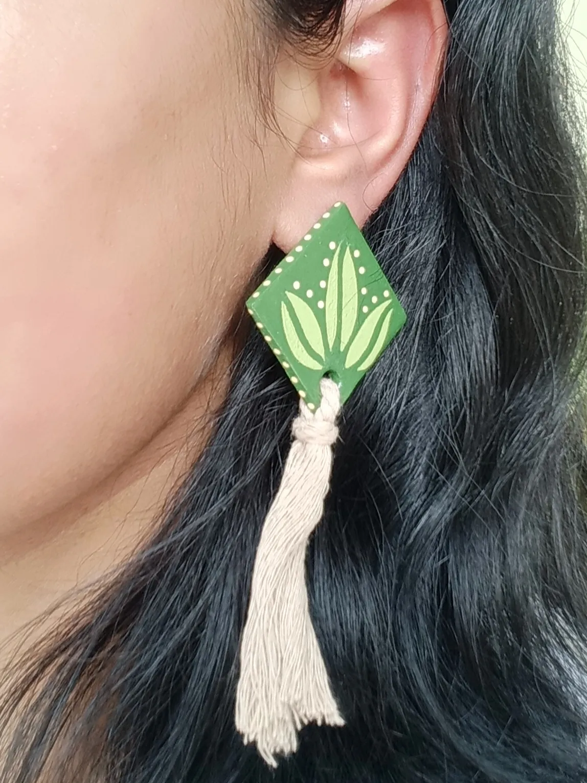 Minimalist Clay Studs With A Hand Painted Boho Design In Beautiful Green And A Macrame Twist