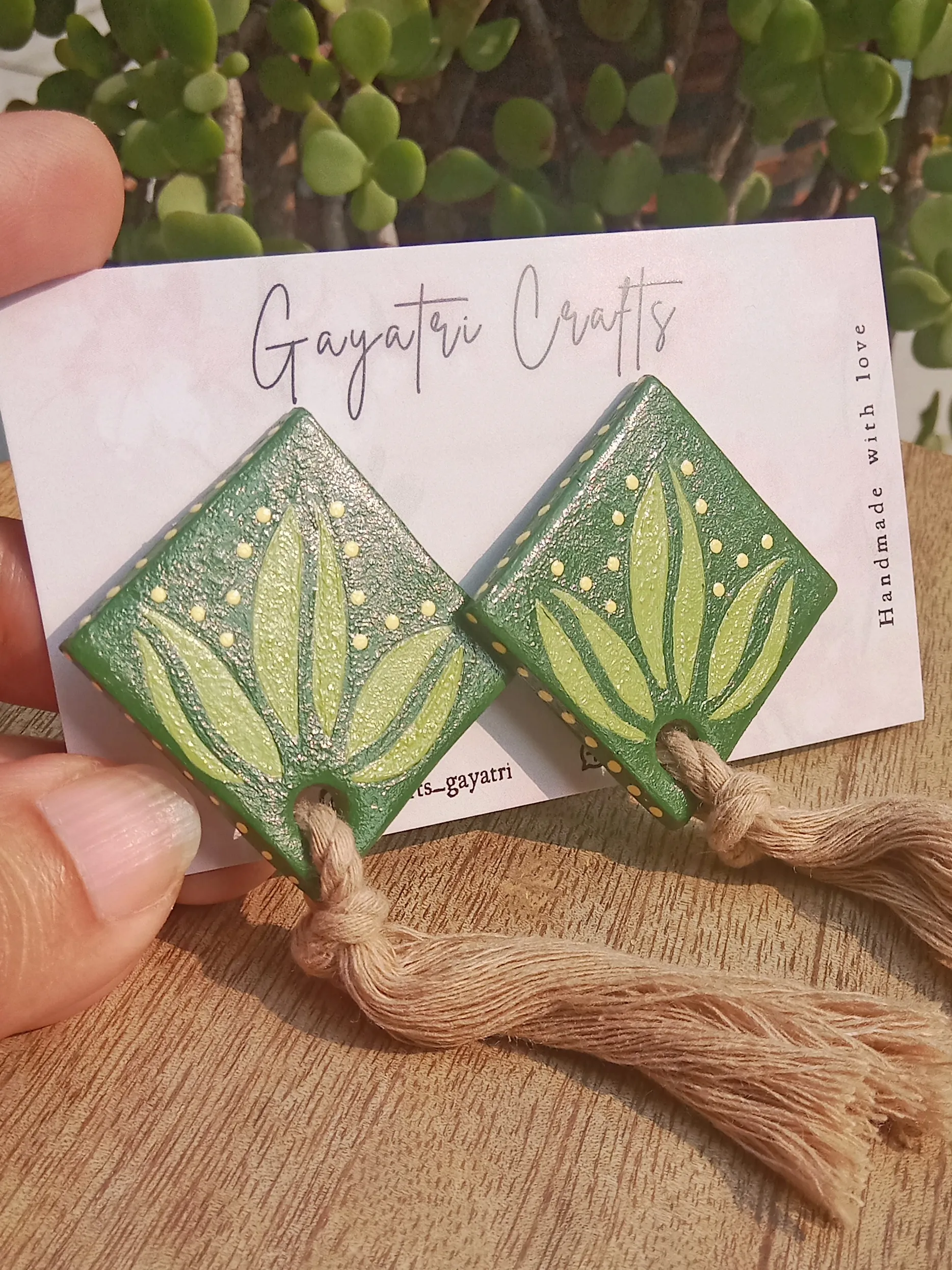 Minimalist Clay Studs With A Hand Painted Boho Design In Beautiful Green And A Macrame Twist